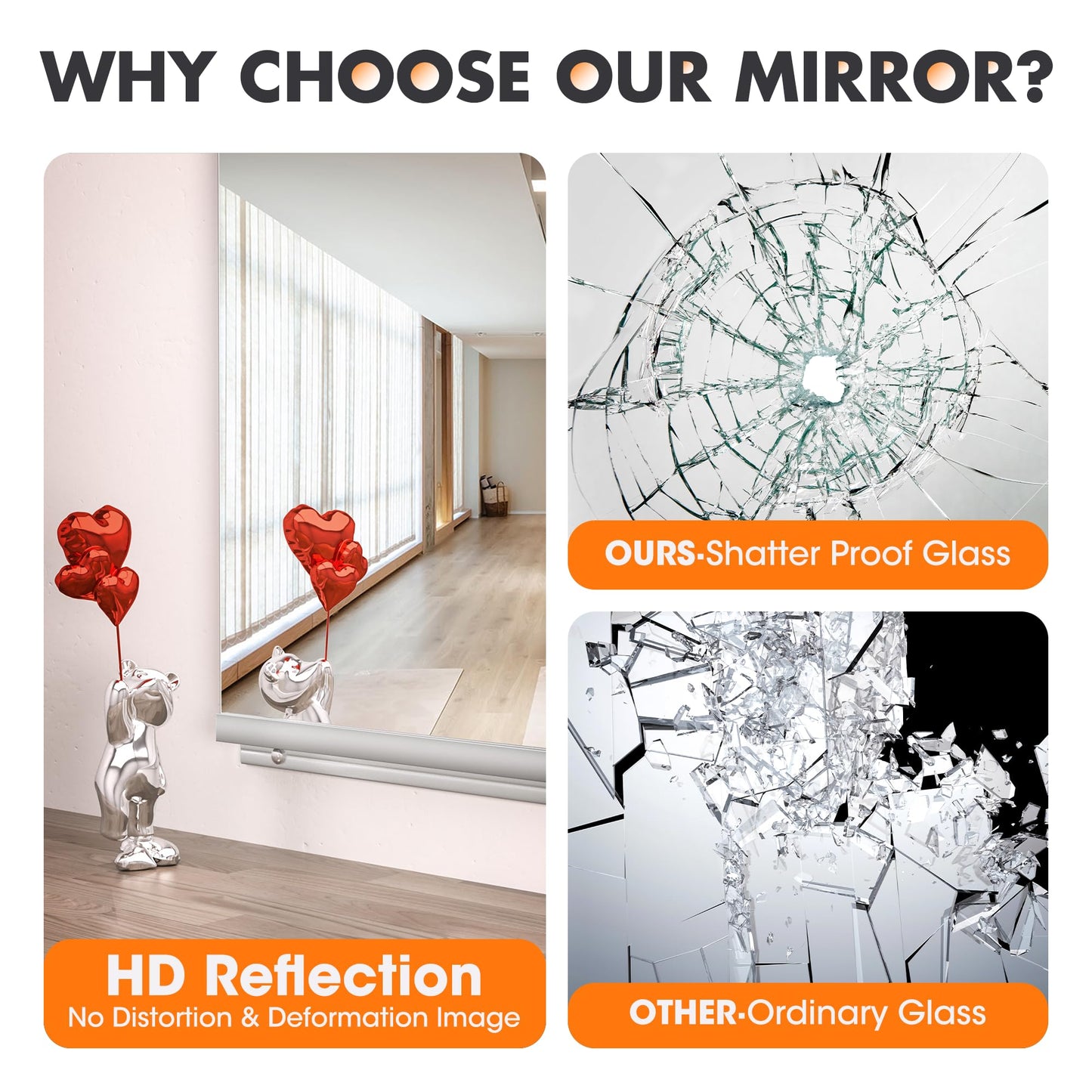 Hasipu Home Gym Mirror 55" L x 17" W - 3PCS Large Full Body Mirror for Yoga, Fitness, Garage, Dance Studio, Wall-Mounted, 0.16in Tempered Glass Frameless