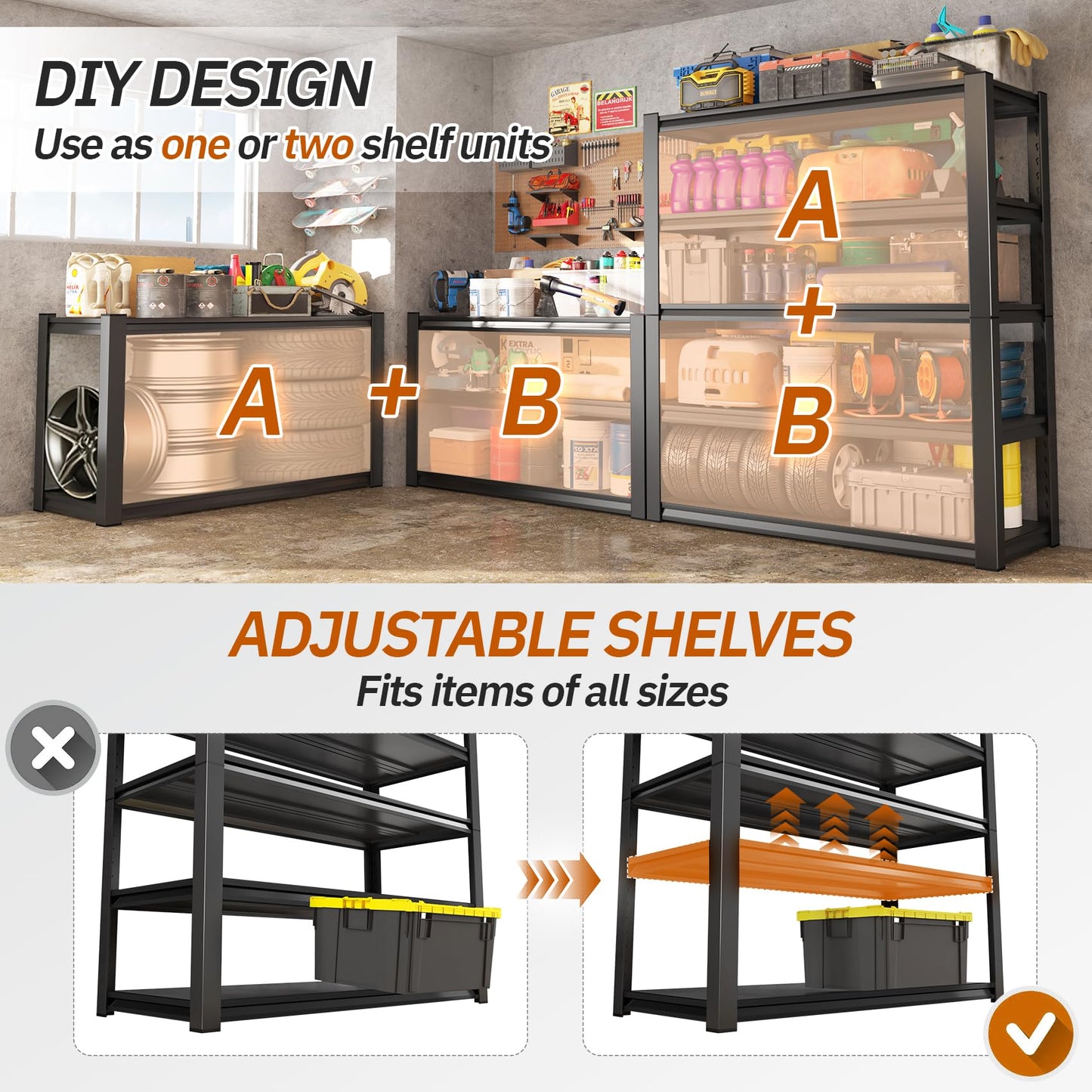 TXTDPL 2000lbs Heavy Duty Garage Shelving, 5-Tier Adjustable Storage Shelves, 72" H x59 W x 19.6" D, Utility Metal shelvingfor Warehouse, Basement, Garage