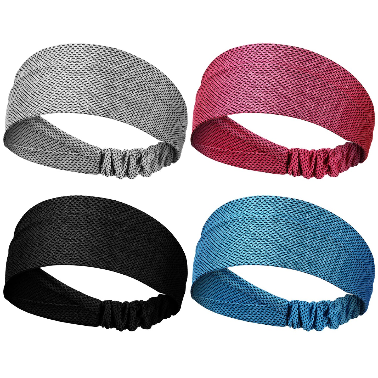 Coume 4 Pcs Sweat Headbands for Women Men Cooling Headbands Sweat Absorbing Athletic Wrap Moisture Wicking Sports Hair Bands for Workout, Jogging, Yoga, Cycling(Sky Blue, Black, Gray, Rose Red)