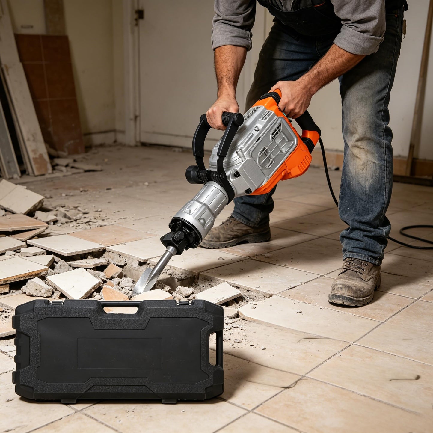 1700W Electric Demolition Jack Hammer, 1900BPM Heavy Duty Concrete Breaker Tool, 60J Impact Energy Demolition Hammer with Anti-Vibration Handle, 360° Rotating Grip, Carrying Case & 2 Chisels