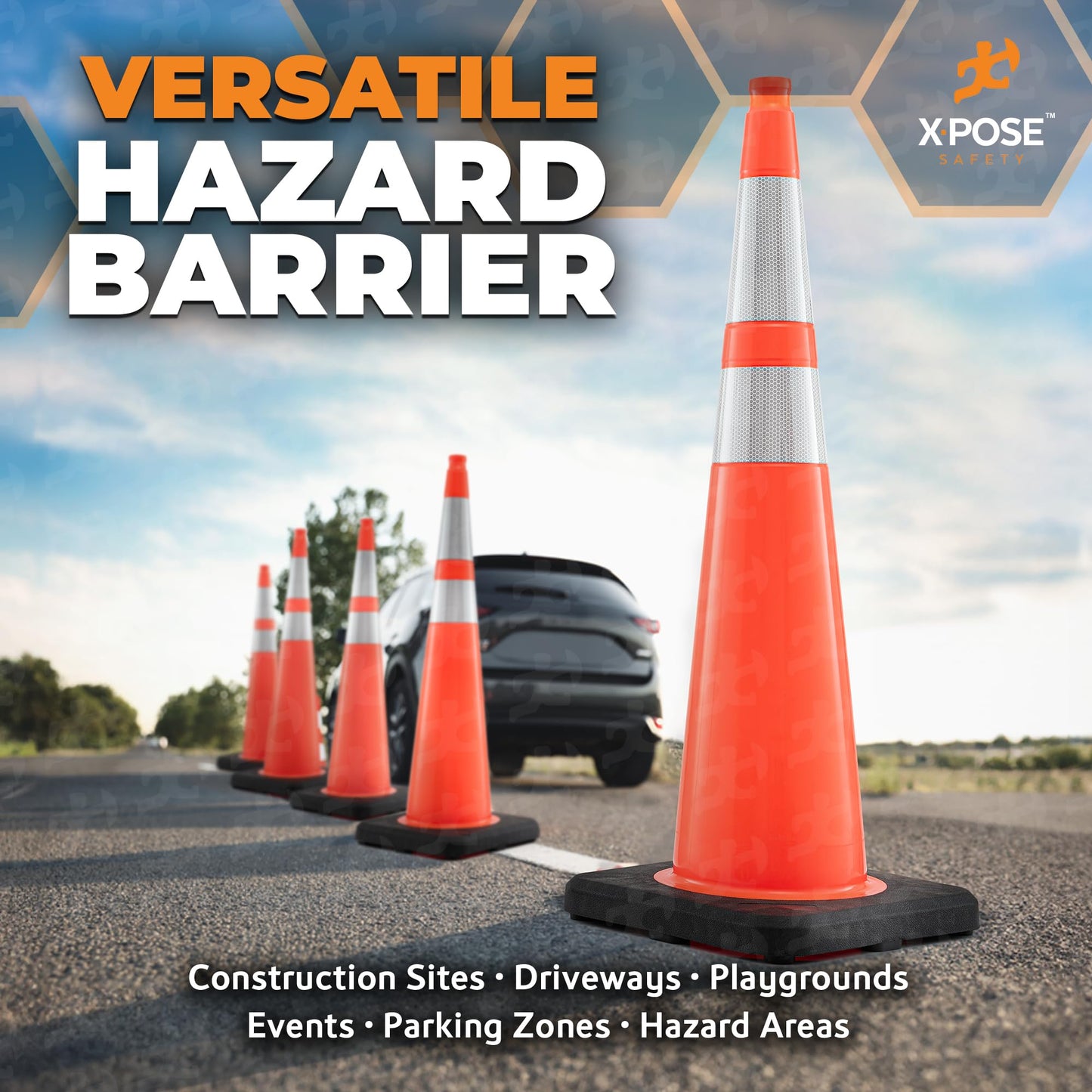 Xpose Safety 36 Inch Orange Slim Line Traffic Cones with 6" & 4" Collars, 4 Pack Multipurpose PVC Plastic Safety Cone for Parking, Soccer, Caution, Kids and Construction - DOT Approved