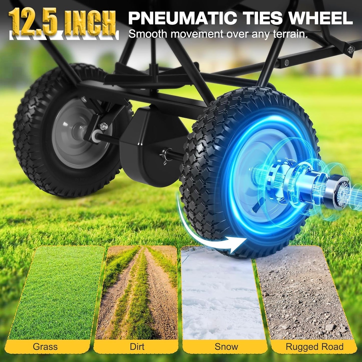 AugFir Tow Behind Broadcast Spreader, 130 LBS Capacity Lawn Fertilizer Spreader for Riding Mower, ATV, UTV & Tractor, 12 FT Spread Width Pull Behind Spreader Seeder for Grass Seed, Salt, Ice Melt