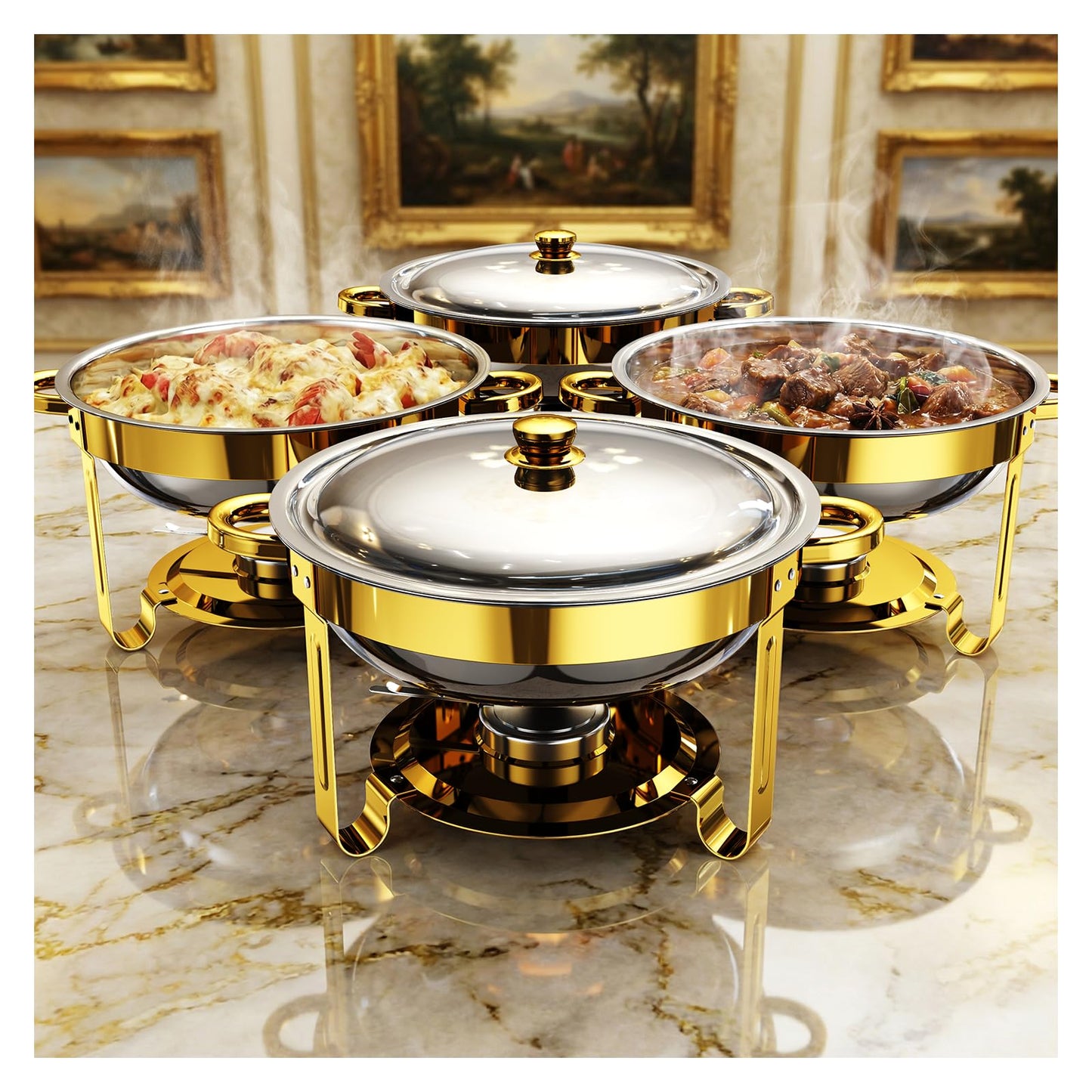 Chafing Dishes for Buffet 4 Pack, 5QT Round Stainless Steel Chafing Dish Set Food Pan with Lid, Buffet Warmers Sets for Home, Gatherings, Birthday, Parties, Church Events,Catering Events