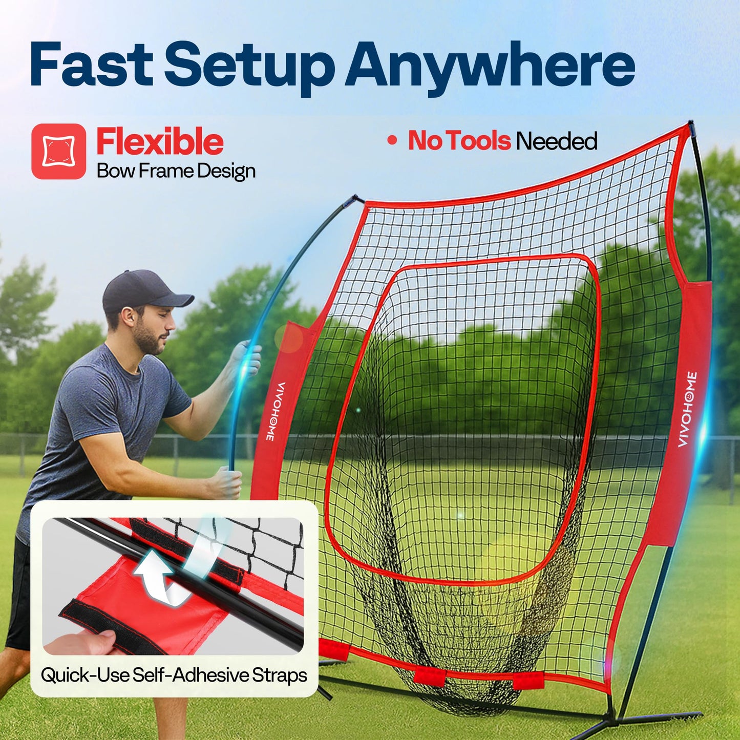 VIVOHOME Baseball Softball Batting Net - 7x7 Ft Baseball Backstop, Softball Practice Net for Hitting, Pitching, Throwing with Batting Tee and Carry Bag, Red