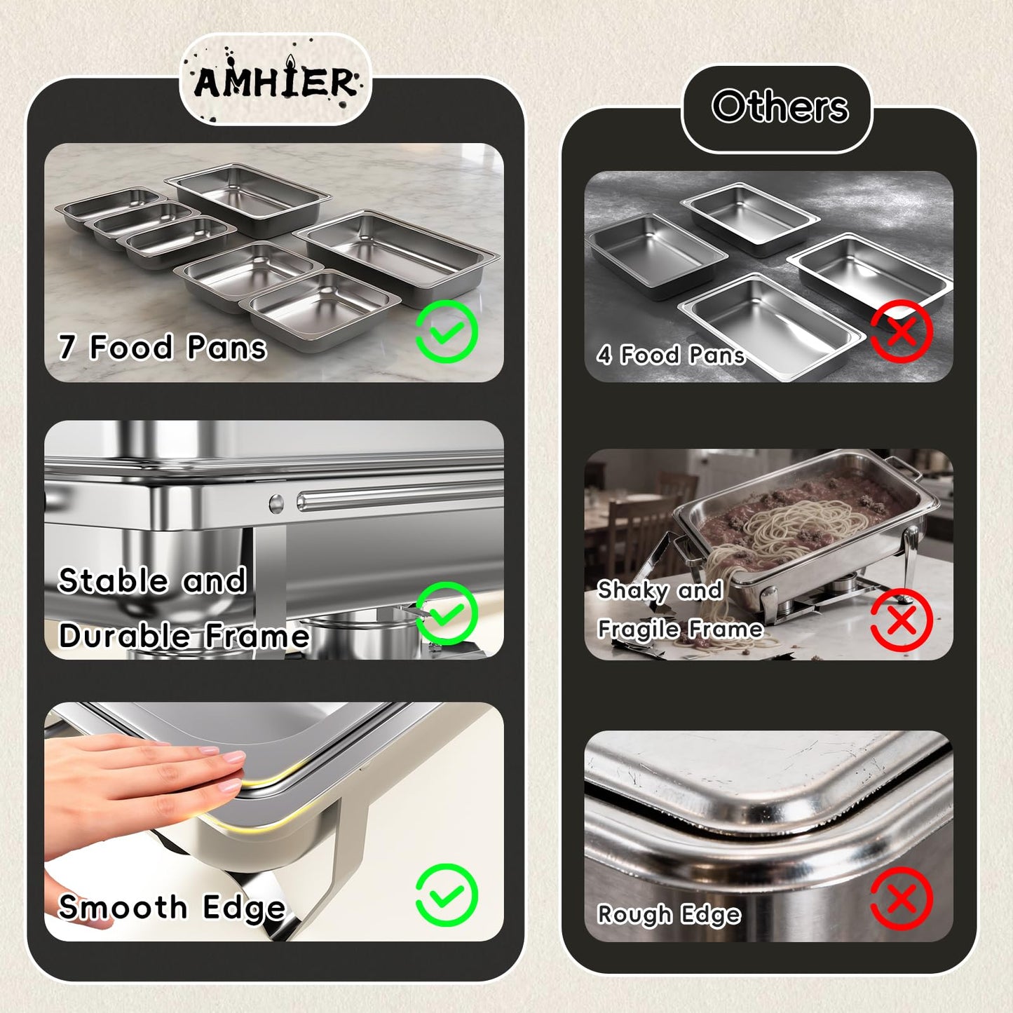 Amhier Chafing Dishes for Buffet 9Qt 4 Pack [Multi-Size Food Pans] Stainless Steel Chafing Dishes [Sturdy and Durable] Chafing Dish Buffet Set for Weddings & Parties & Festival, Silver