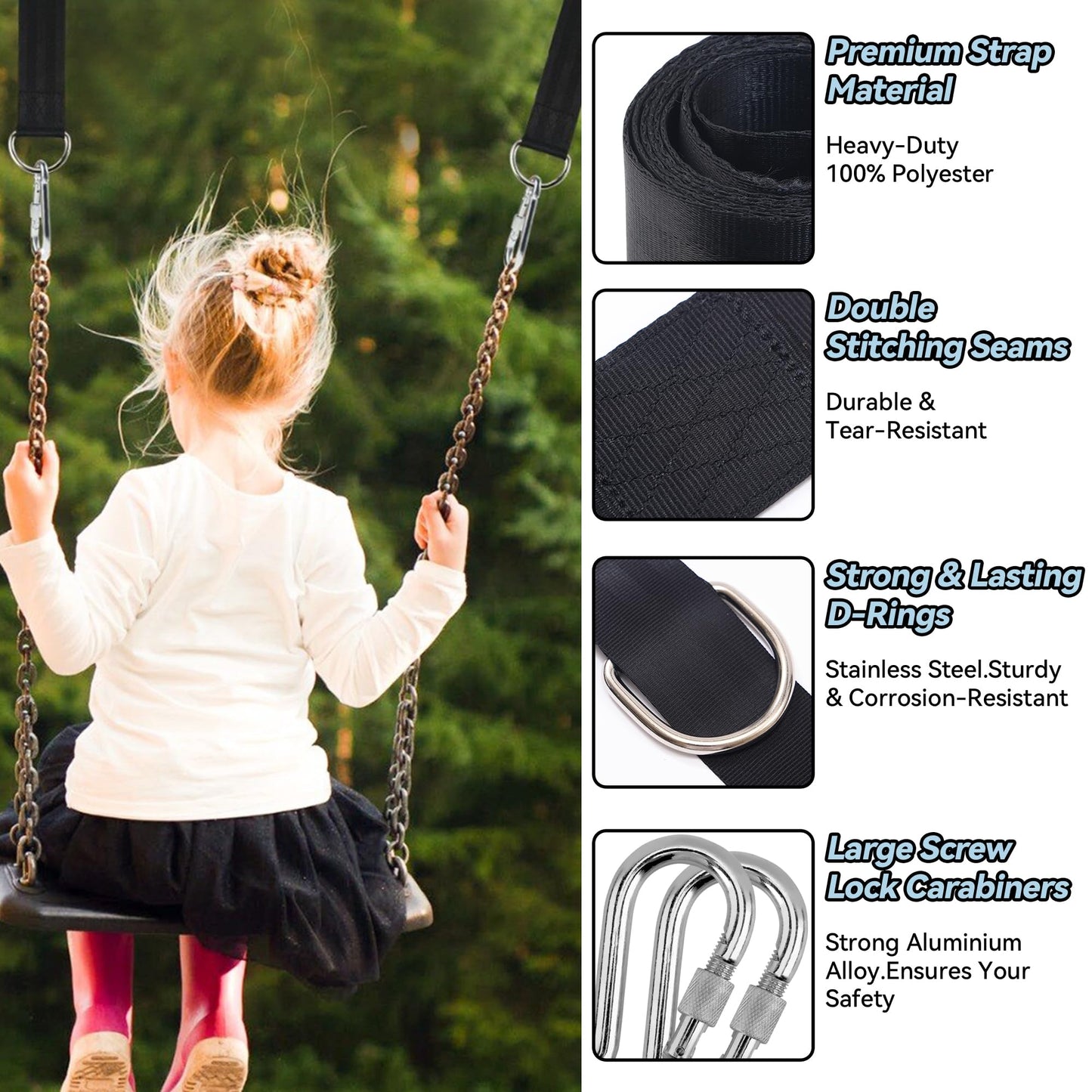 2 Pack Tree Swing Hanging Straps Kit 8FT Extra Long Holds 3000 lbs, Tree Swing Straps+2 Heavy Duty Screw Lock Carabiners+2 Tree Protectors+Swivel Hook, Fast & Easy Way to Hang Any Swing or Hammock