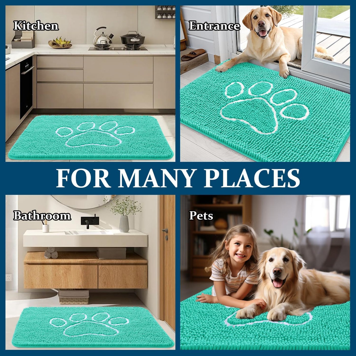 OLANLY Dog Door Mat - Absorbent Non-Slip Muddy Paws Mat | Quick Dry Chenille, 59x35, Teal