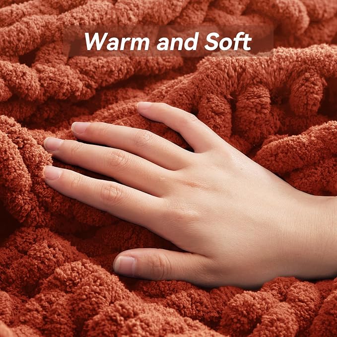Negwoo Chunky Knit Throw Blanket, 80''*90'' Knitted Throw Chenille Yarn for Bed Couch, Handmade Orange Crochet Big Thick Blanket, Machine Washable Cute Comfy Blanket for Home Decor
