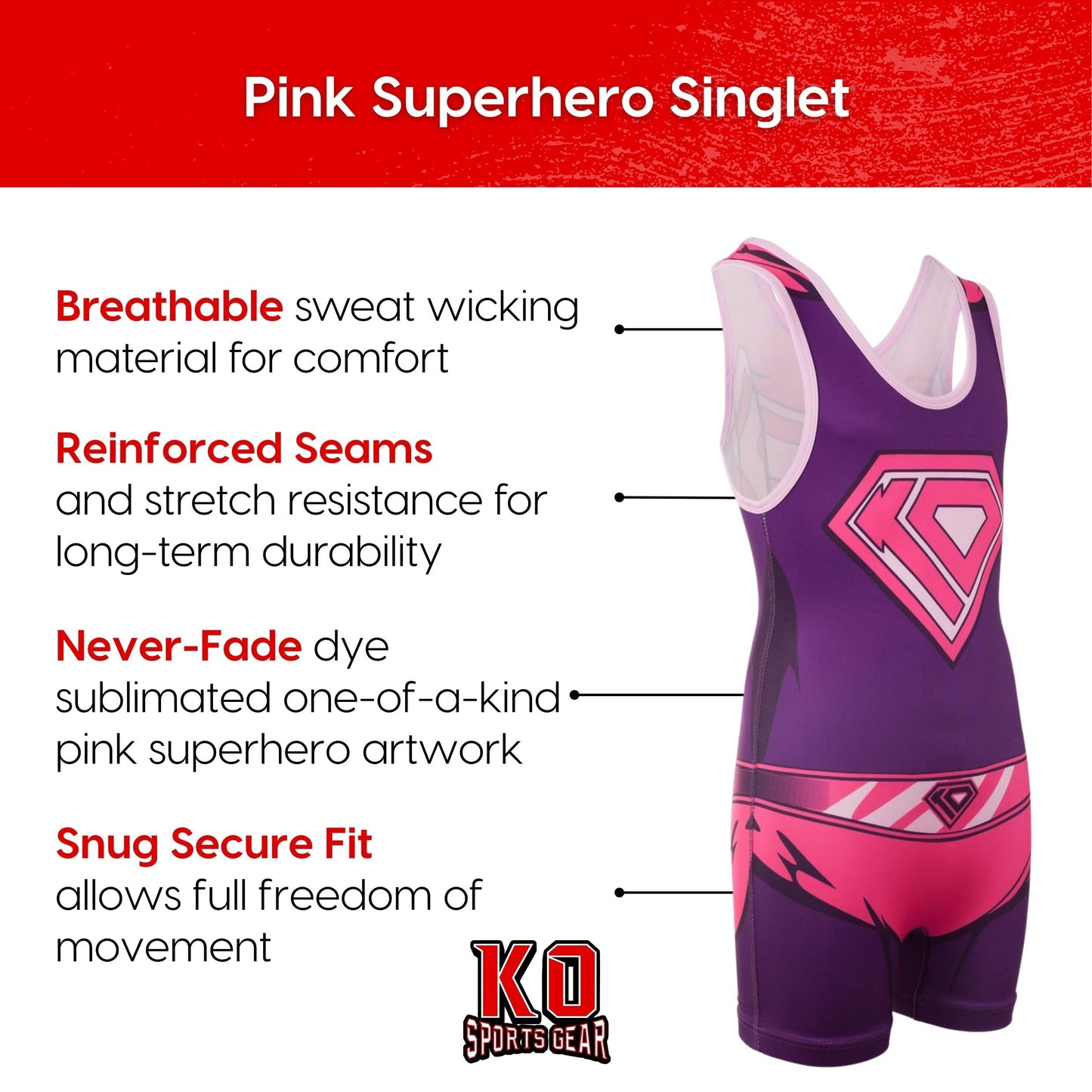 KO Sports Gear Unisex Wrestling Singlet for Youth Wrestlers - Wrestling Singlet for Boys & Girls - Bold Durable Uniform, Stretchy Breathable Material - KO Kid Girl, Youth XX-Small