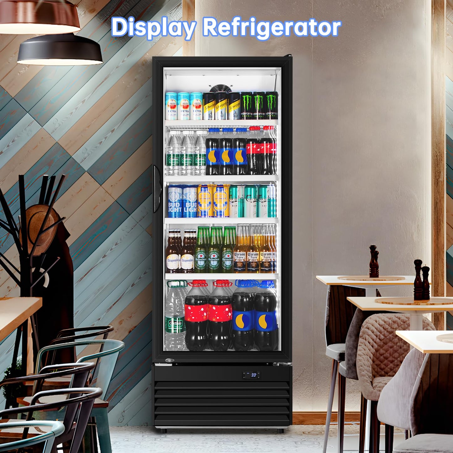 Velieta Commercial Beverage Refrigerator, 24.5 Inch 15 Cu. Ft. Drink Fridge, Display Refrigerator with Glass Door, Commercial Display Fridge with 4 Adjustable Shelves, for Shops, Restaurants, Bars