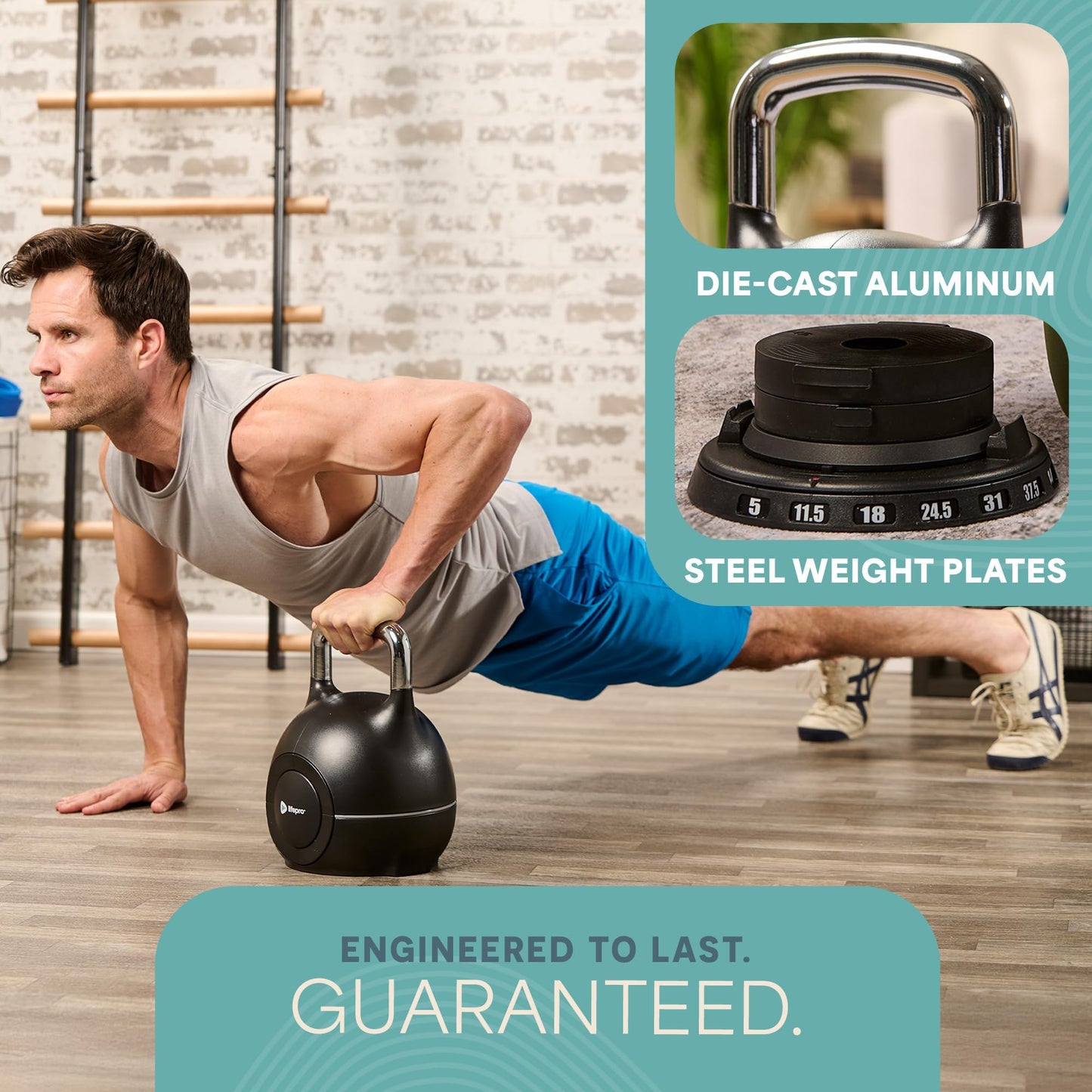 LifePro 7-in-1 Adjustable Kettlebell, 5-44 LB – PowerStone Boulder, Die-Cast Aluminum & Steel, Space-Saving Set with Handle-Twist Adjustment – Strength Training Kettlebell with Storage Base
