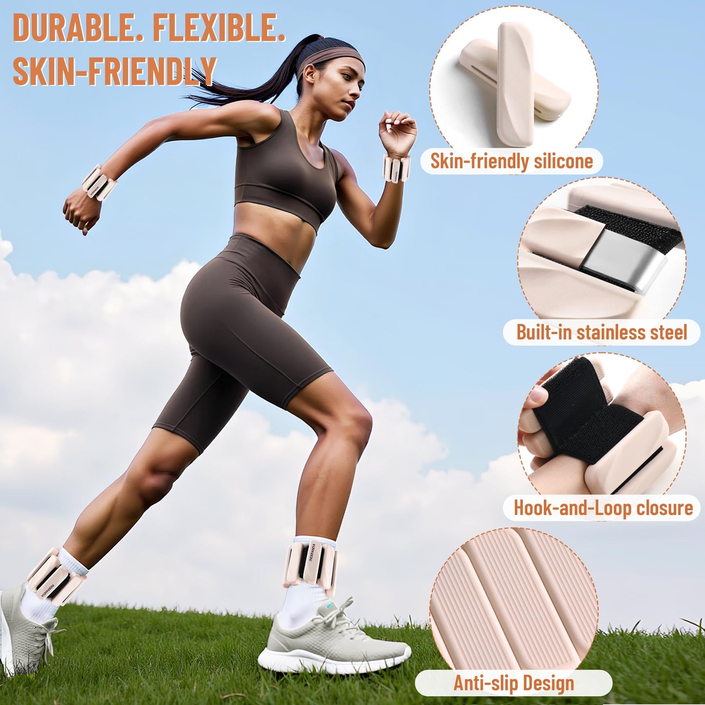INDEPANDIA Wrist & Ankle Weights for Women and Men, 2lbs Pair Adjustable Silicone Weighted Bangles for Arm & Leg Workouts, Perfect for Pilates, Yoga, Walking & Home Fitness Training Blush Beige