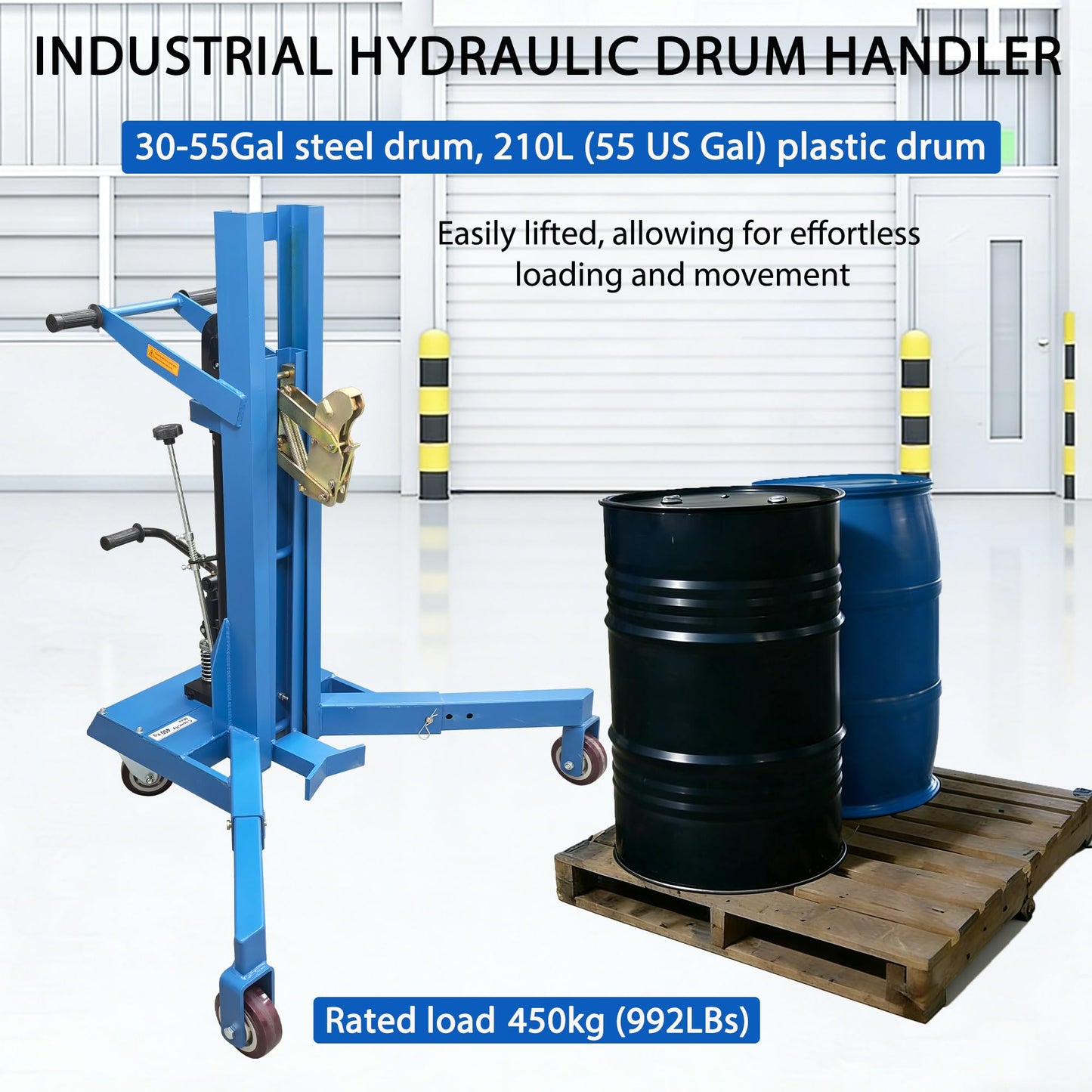 HayWHNKN Manual Hydraulic Drum Handler, Drum Lift Truck with Extendable Legs for 30-55 Gal Steel/Plastic Barrels, 450kg Capacity, 19.69" Lift Height, Easy Clamp Eagle Beak, for Factories & Warehouse