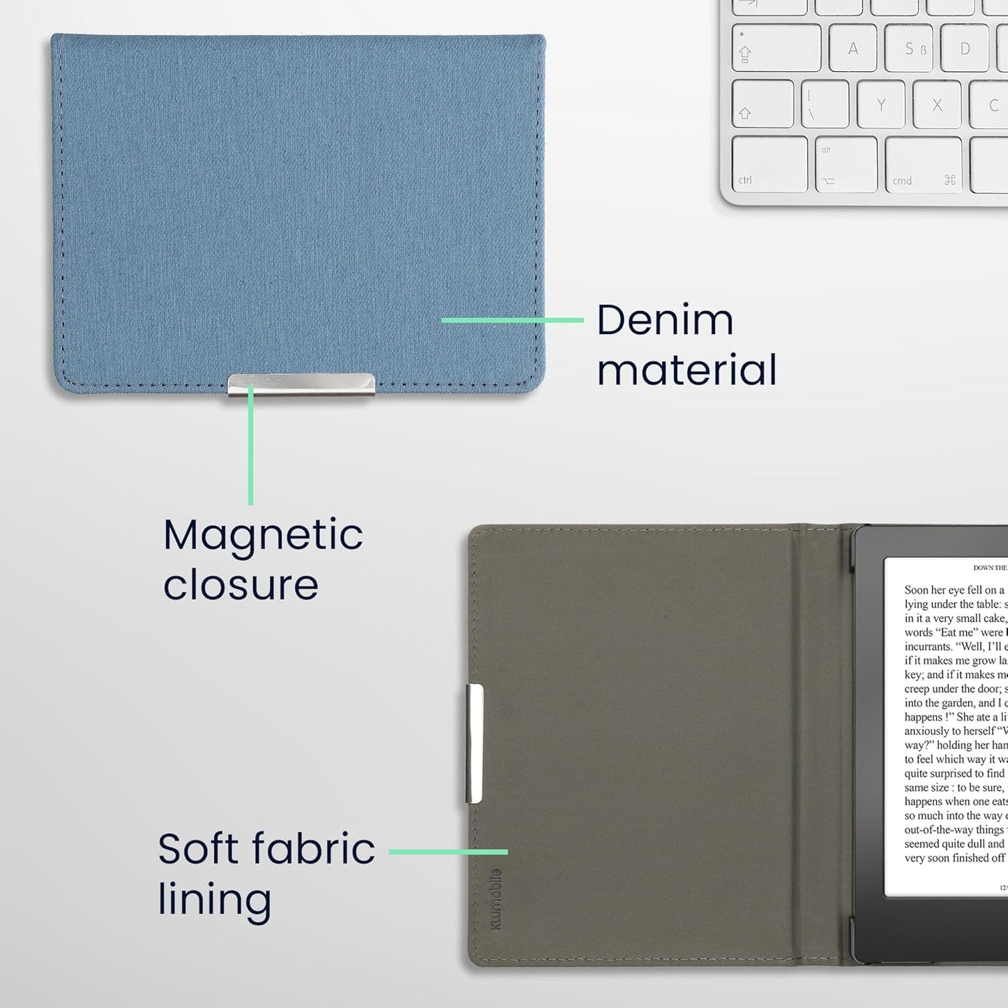 kwmobile 2E 4 Cover Compatible with Kobo Clara / Tolino Shine - Case for E-Reader - Denim Look Fabric Flip Case - Blue