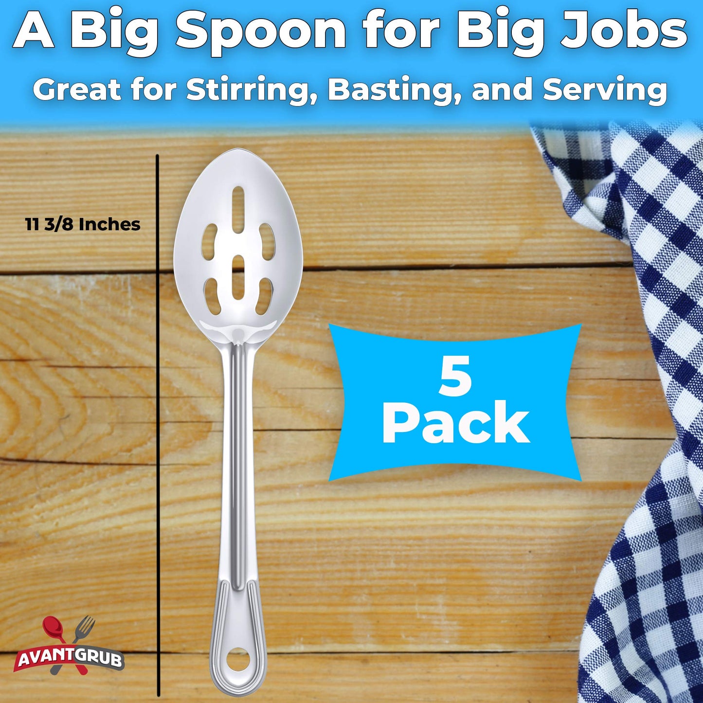 Super Strong, Ergonomic 11 in Serving Spoon 5 Pk. Big, Slotted Stainless Steel Spoons for Cooking, Baking and Basting. Best Kitchen Flatware for Buffet and Banquet Service in Restaurants and Homes