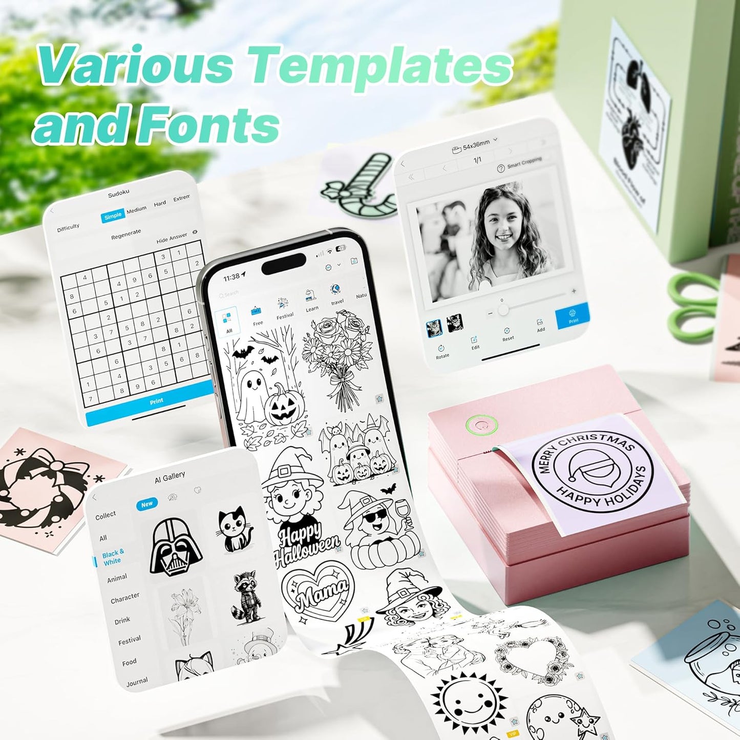 TYPONOS PM290 3 1 Pack Sticker Printer, Mini Printer, Bluetooth Sticker Maker Machine with Rolls Paper, Smart AI APP