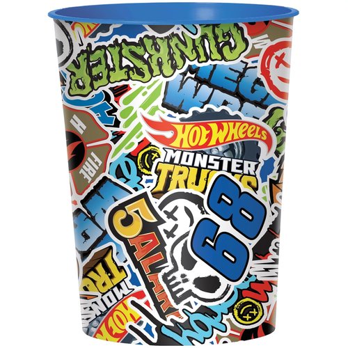 Amscan Monster Trucks Birthday Party Supplies Bundle includes 12 Plastic Reusable Cups 16oz and 1 Dinosaur Sticker Sheet