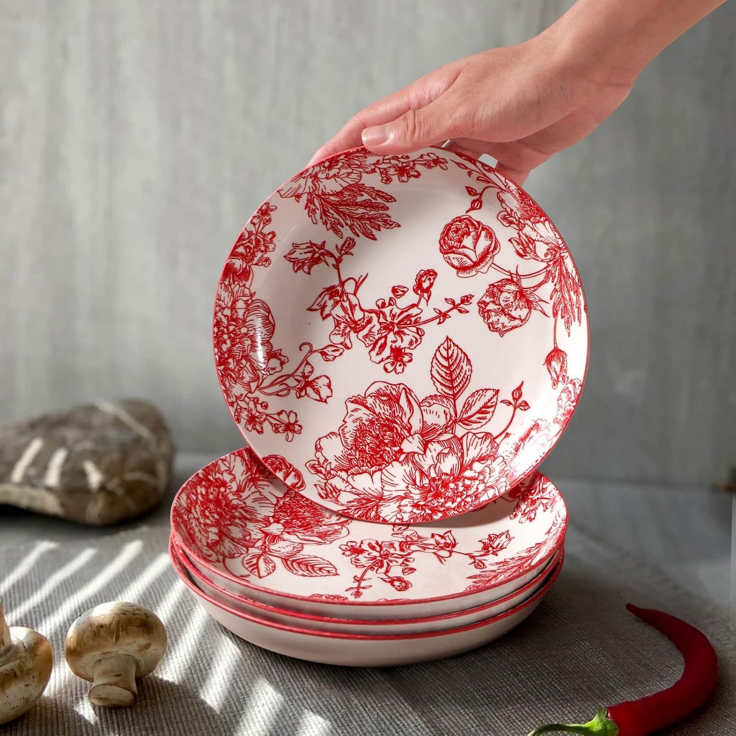 Artena Pasta Bowls Set - 4 Colorful 26oz Porcelain Serving Bowls | 8 Inch Microwave & Oven Safe Red Rose