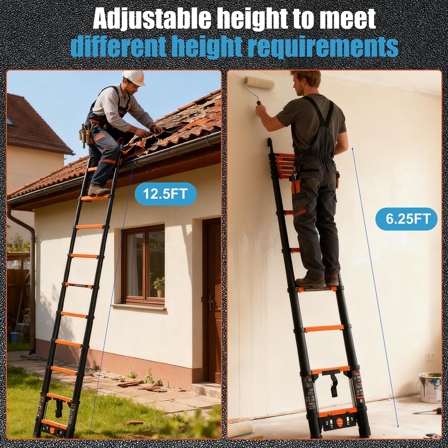 AOPENG 12.5FT Telescoping Ladder,Quick Folding Aluminum Extension Ladder for RV/Home/Outdoor, 330lbs Max Load Orange
