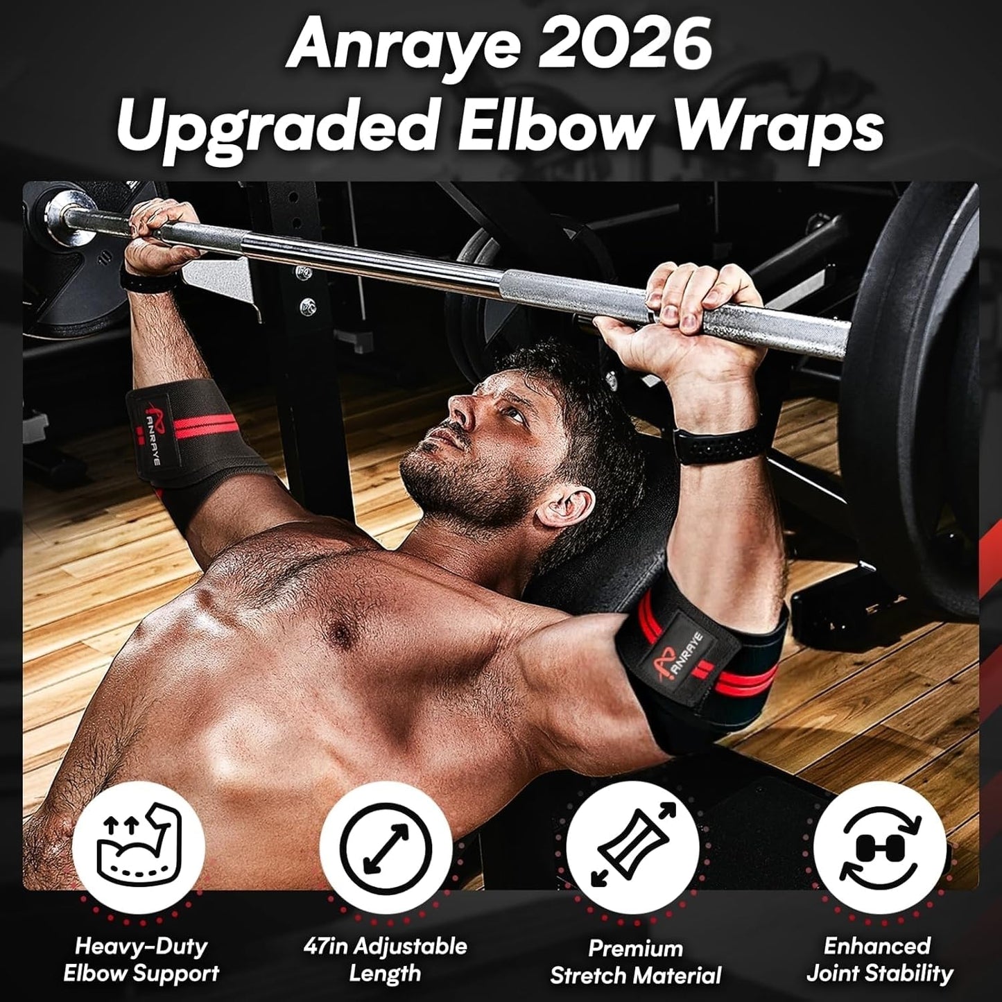 Elbow Wraps for Weightlifting - Adjustable Compression Straps & Elbow Brace for Joint Support (1 Pair), 47" Elbow Sleeves Weightlifting Men Women for Bench Press Powerlifting and Fitness Training