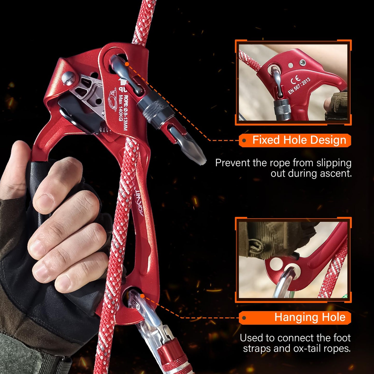 AOKWIT UIAA & CE Certified Rope Ascender Aluminum Alloy Rock Climbing Gear Strong Rigging Rappelling Equipment for Rock Tree Climbing Arborist Rescue Mountaineering Caving (Left Hand Red 1)