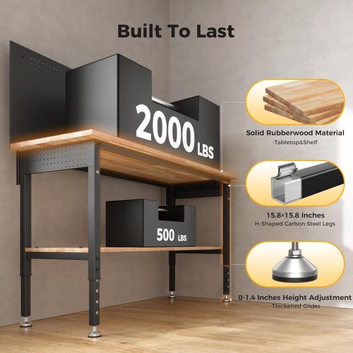 CAMMOO 60" Adjustable Height Work Bench - Heavy Duty Rubberwood Tabletop with Storage Shelf & LED Light