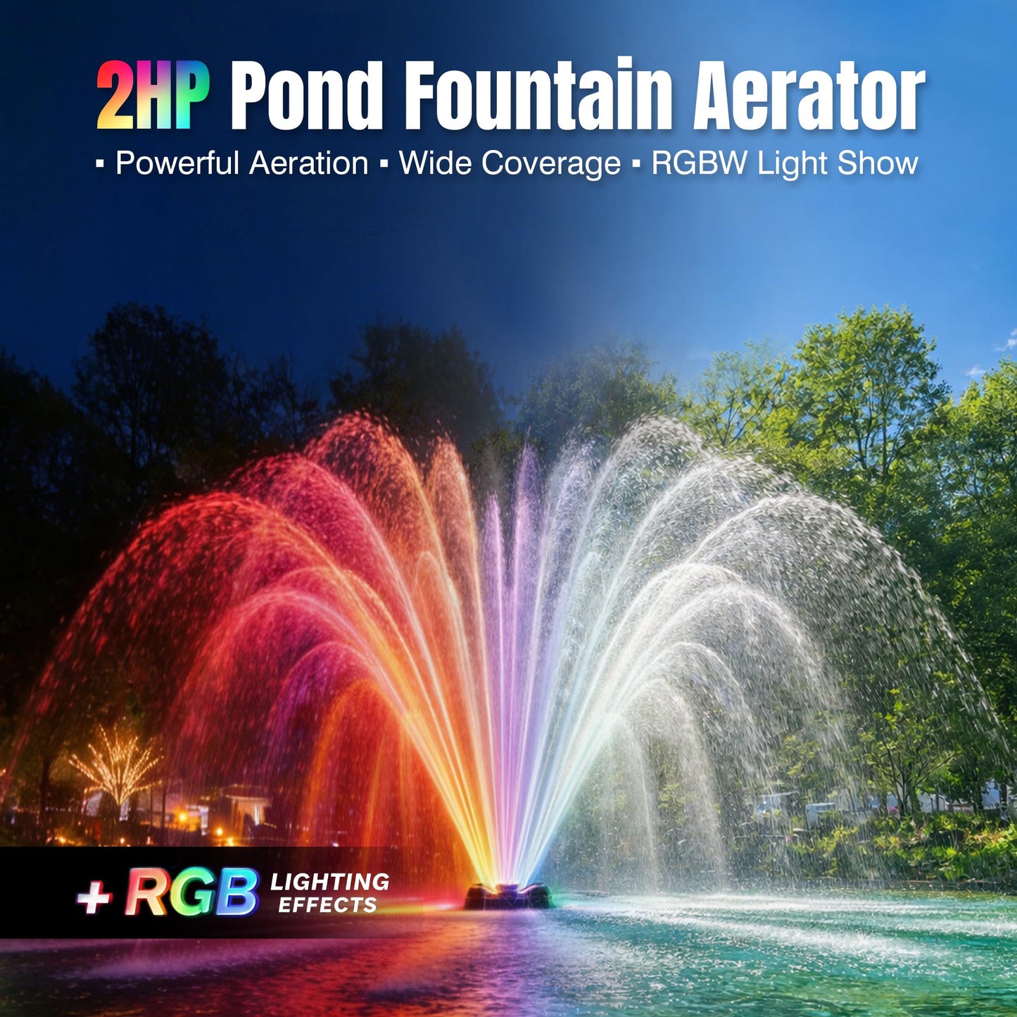 2HP Pond Fountain Aerator with 3 RGB LED Lights, 120V 30000 GPH Floating Water Pump, Automatic Aerating Pump for Large Ponds, Lakes, and Outdoor Water Features, with Controller, APP & Remote Control