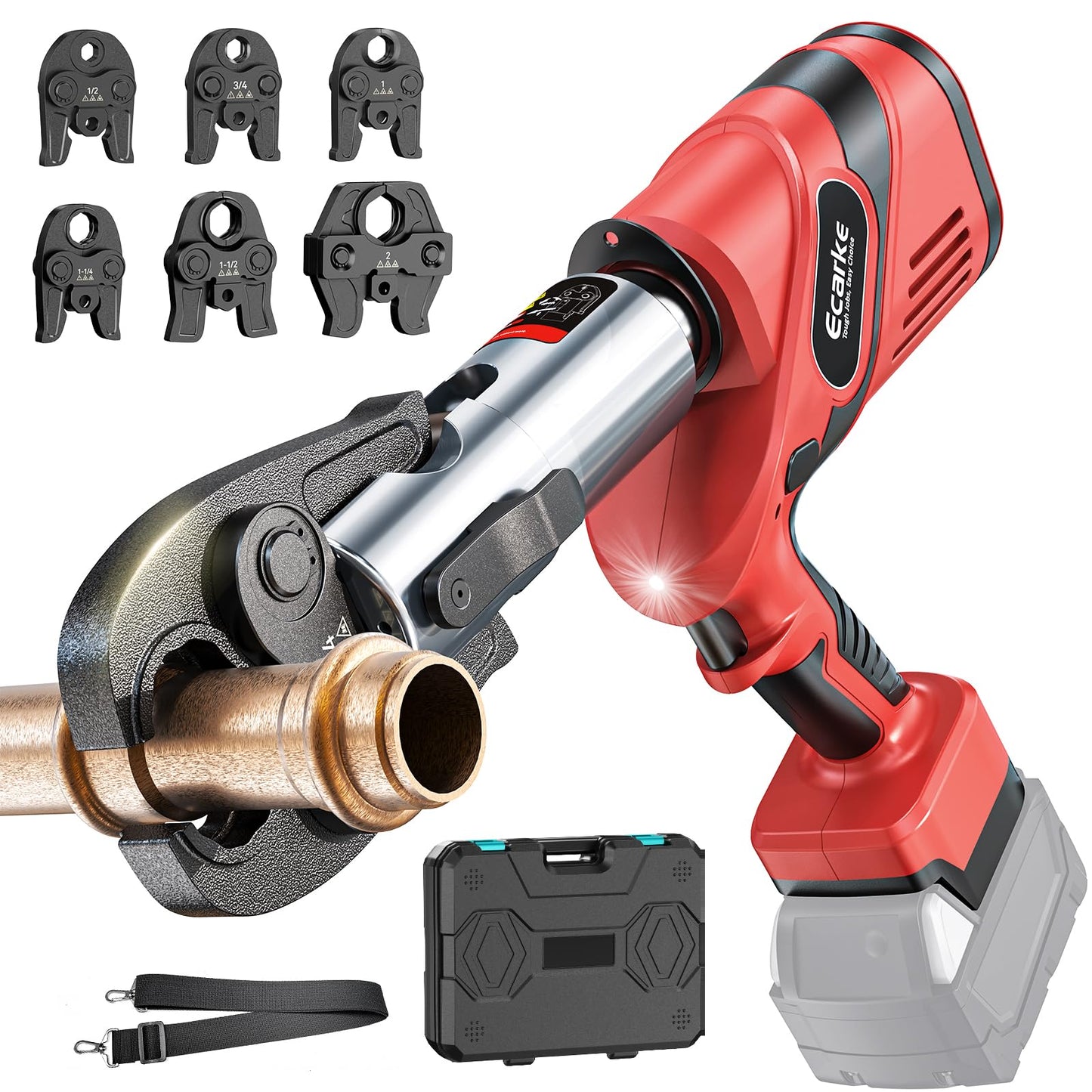 Ecarke Pro Press Tool Compatible with Milwaukee 18V battery, Cordless Plumbing Pipe Press Tool Kit for 1/2" to 2" Copper Pipe and Stainless Steel Pipes, 360° Rotation, 6 Pro Press Jaws, Tool Only