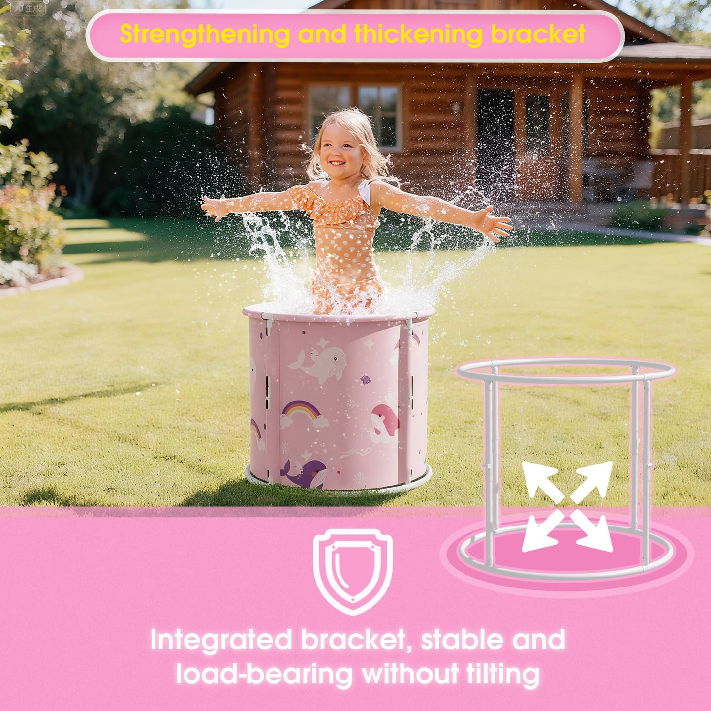 Portable Bathtub, Foldable Bathtub for Kids, Boys and Girls, Therapy Tub for Shower Stall Bathroom Fold Up Japanese Soaking Hot SPA Bath Tub, Outside Ice Bath 21.65''x23.62''(Ocean World Pink)