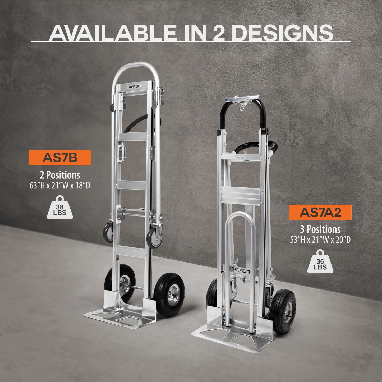 Vergo Industrial Convertible Hand Truck - AS7B Heavy Duty Aluminum 2 in 1 Dolly (800 lb Capacity) Lightweight Reinforced Frame, Ergonomic Handle, Superior Mobility Moving Dolly (2 Positions, 63" High)
