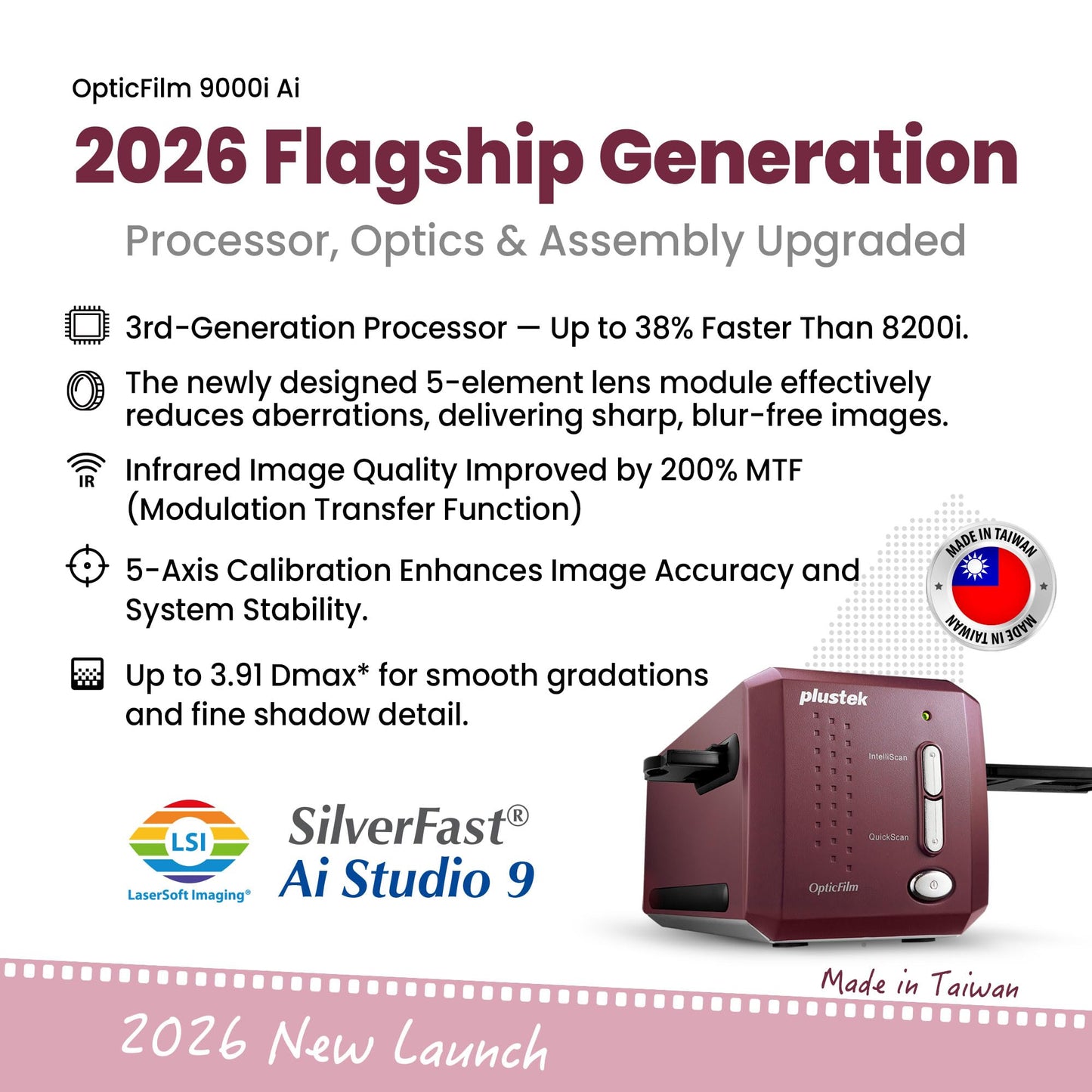 Plustek OpticFilm 9000i Ai 35mm Film Scanner – New 3rd Gen Lens System & 5-Axis Precision Alignment – Professional Detail & Stability – 2026 Flagship Model
