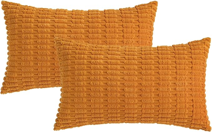 MIULEE Pack of 2 Burnt Orange Corduroy Decorative Lumbar Pillow Covers 20x12 Inch Soft Boho Striped Throw Pillow Covers Modern Farmhouse Home Decor for Summer Sofa Living Room Couch Bed