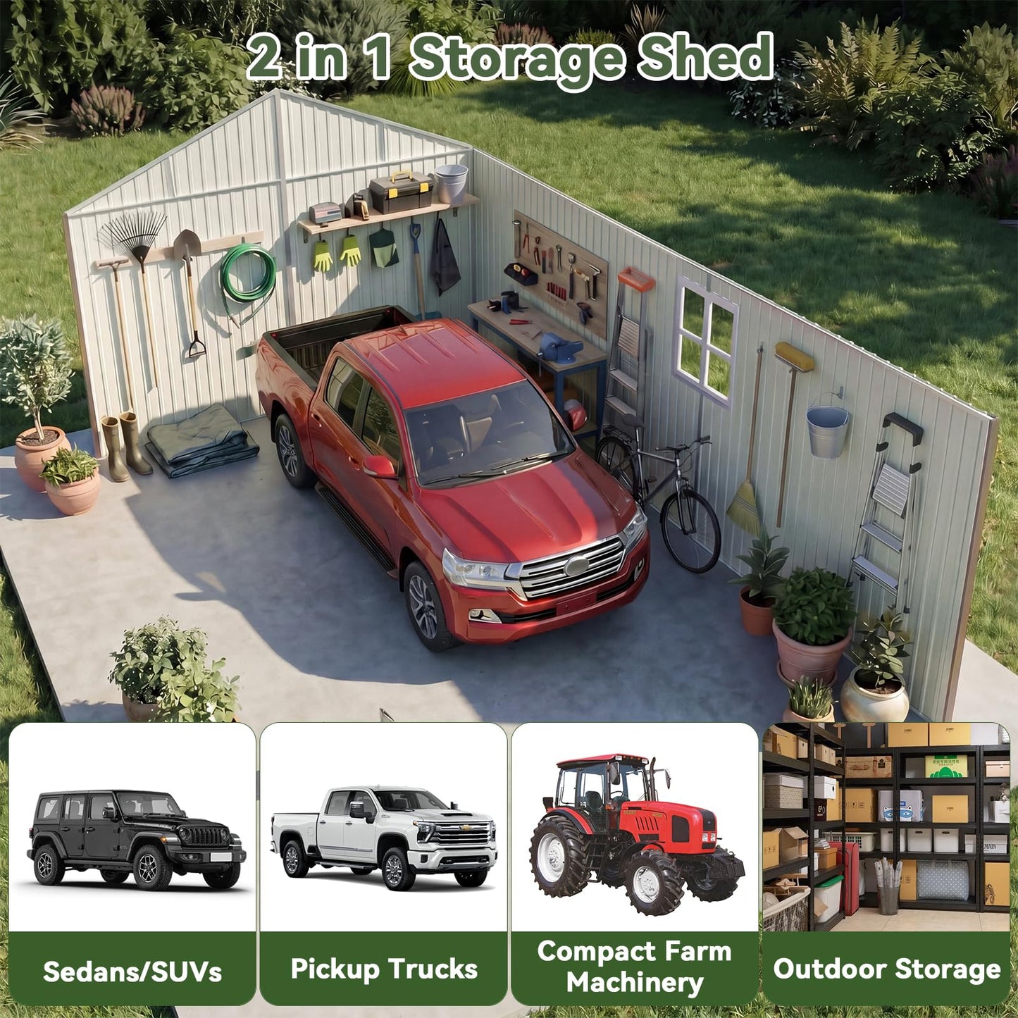 Aoxun 12x20x9.3 FT Metal Storage Shed Outdoor Large Garage Shed Carport with Double Doors,Side Door & Windows, Heavy Duty Garden Tool Shed All-Weather Outdoor Building for Vehicles & Sundries(Brown)