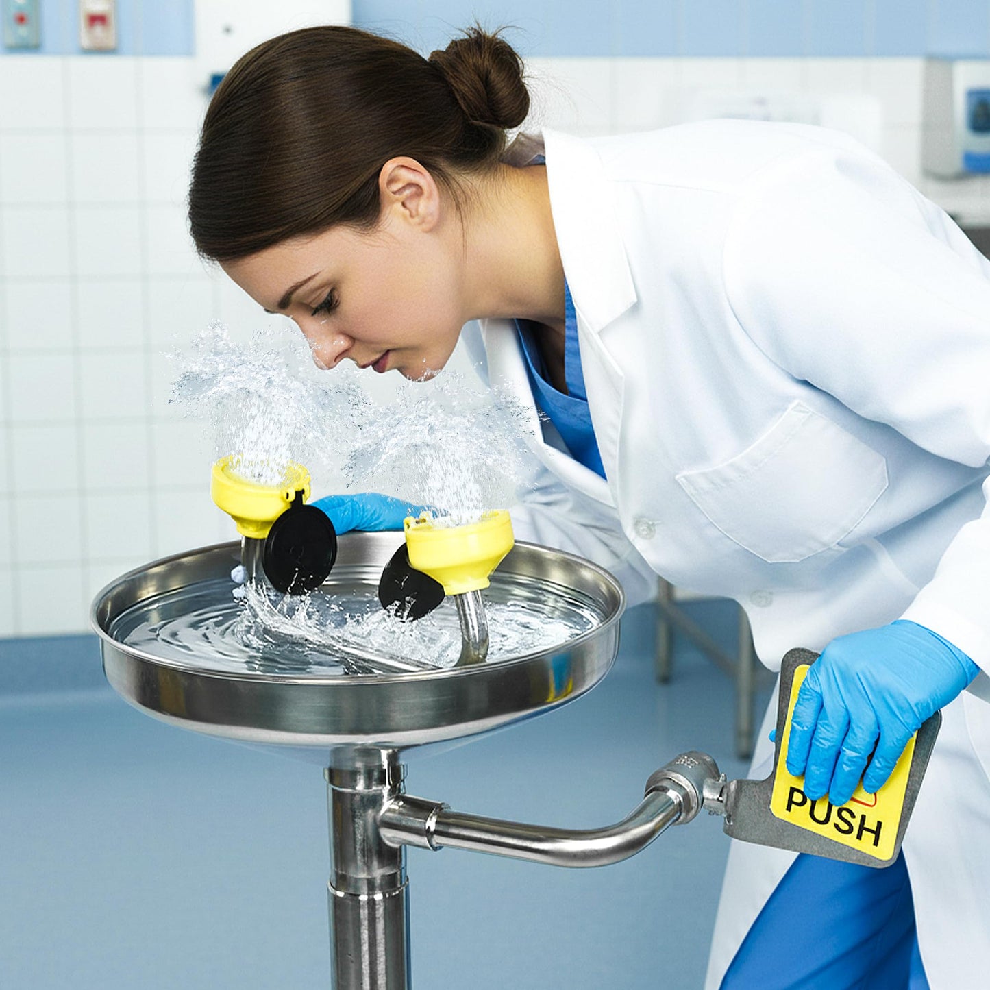 lukar Stand Up Eye Wash Station, Floor Mounted Eyewash Station, 304 Stainless Steel Eye Washing Station, Adjustable Water Flow Eye Wash Units with Dual Spray Head and Eye Wash Sign, NPT Threaded