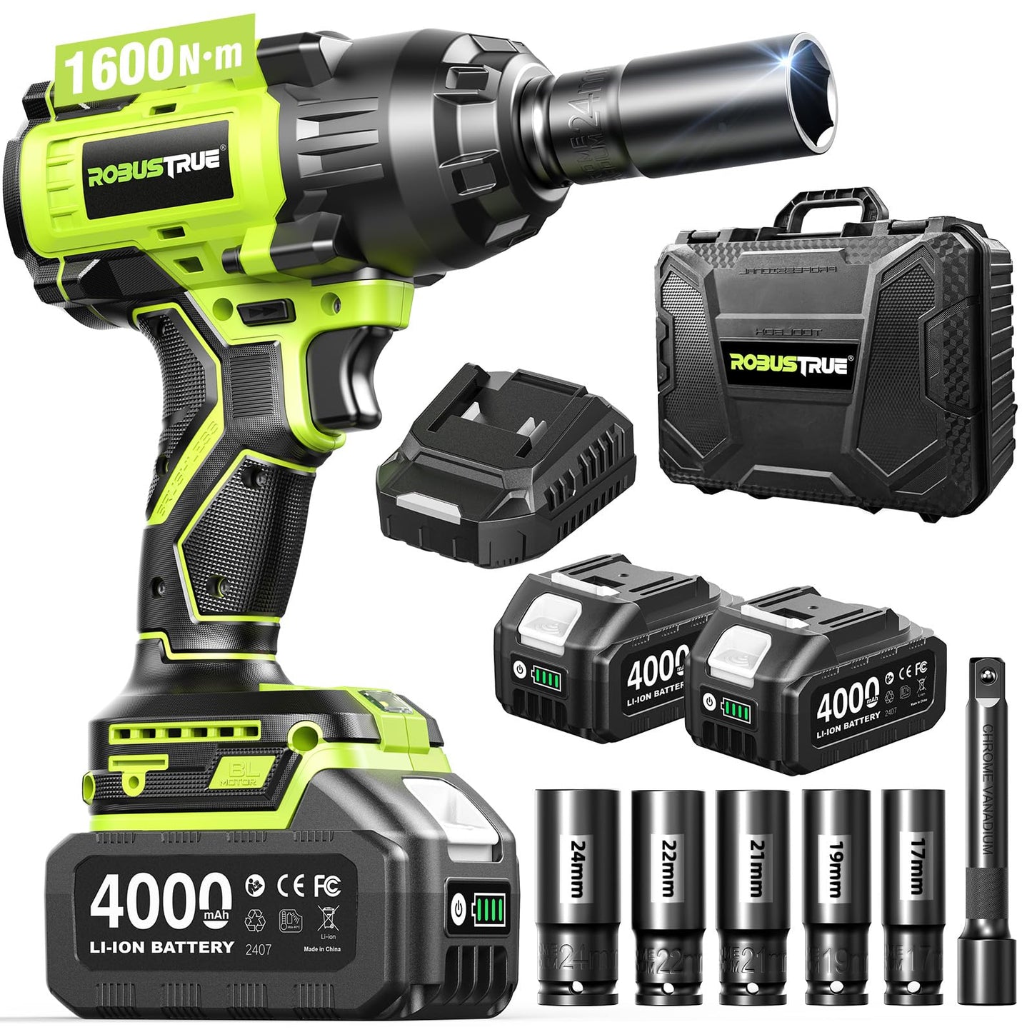 Robustrue 1600N.m (1180ft-lbs) Cordless Impact Wrench, 1/2 High Torque Brushless Impact Gun, 2400RPM Power, 2 x 4.0Ah Batteries, Fast Charger, Impact Wrench for Heavy Duty Truck RV Mower