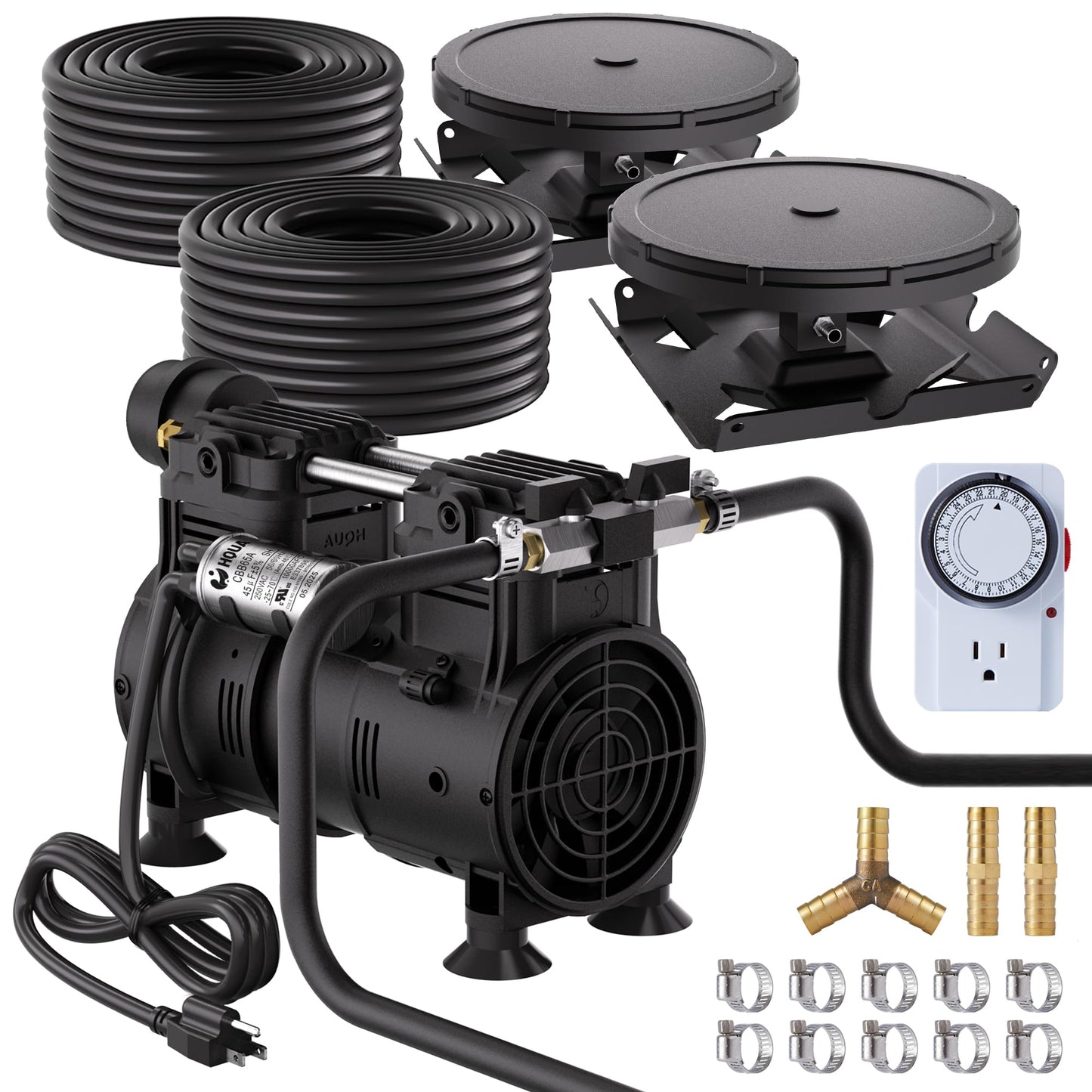 HQUA PAS20 Pond & Lake Aeration System for Up to 3 Acre, 3/4 HP Compressor + Two 100' Weighted Tubing + 2 Diffusers