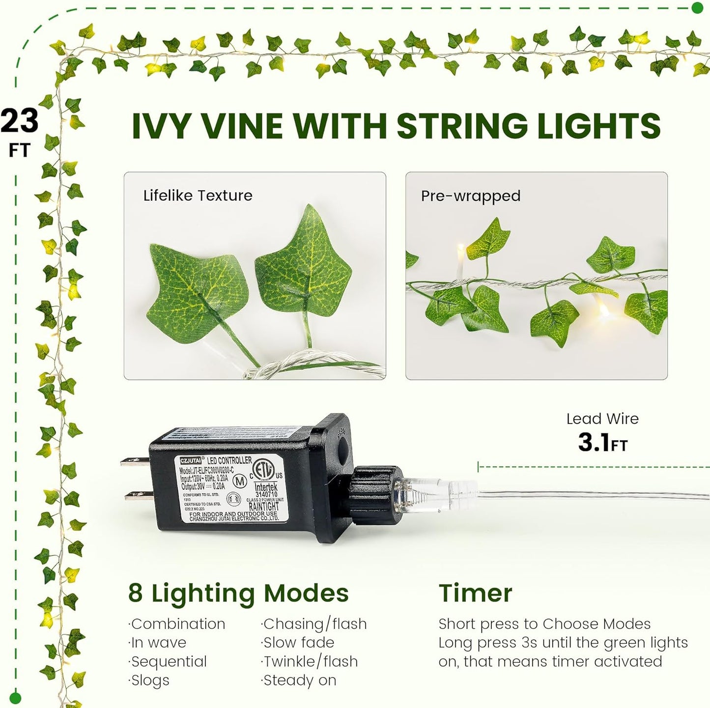 Skiennix Ivy Leaf Fairy Lights - 23 FT 73 LED Indoor String Lights for Bedroom & Party Decor | Warm White
