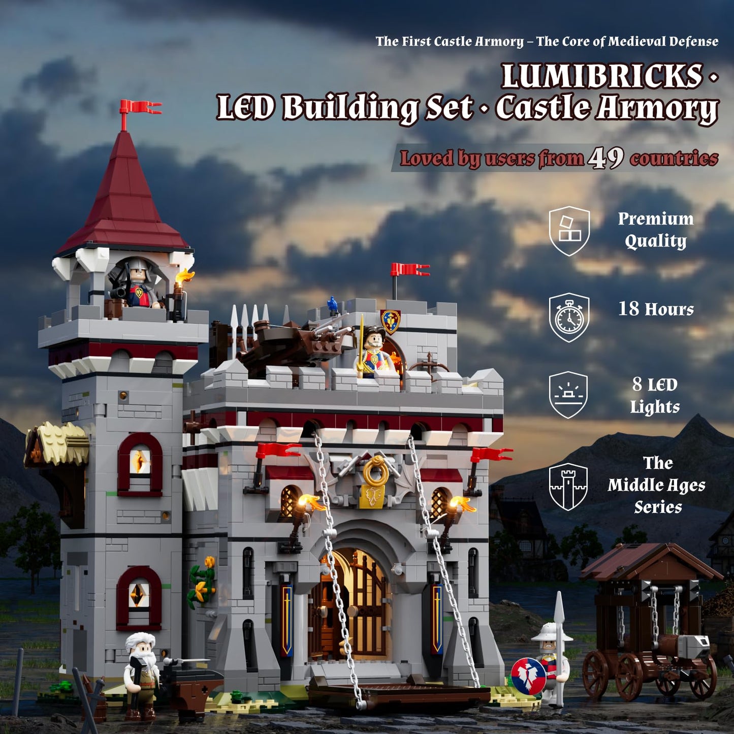Lumibricks Medieval Castle Armory Lighting Building Bricks Set - Middle Ages City Town Modular Collection Display Kit with Minifigures 2895 Pcs for Adults & Teens