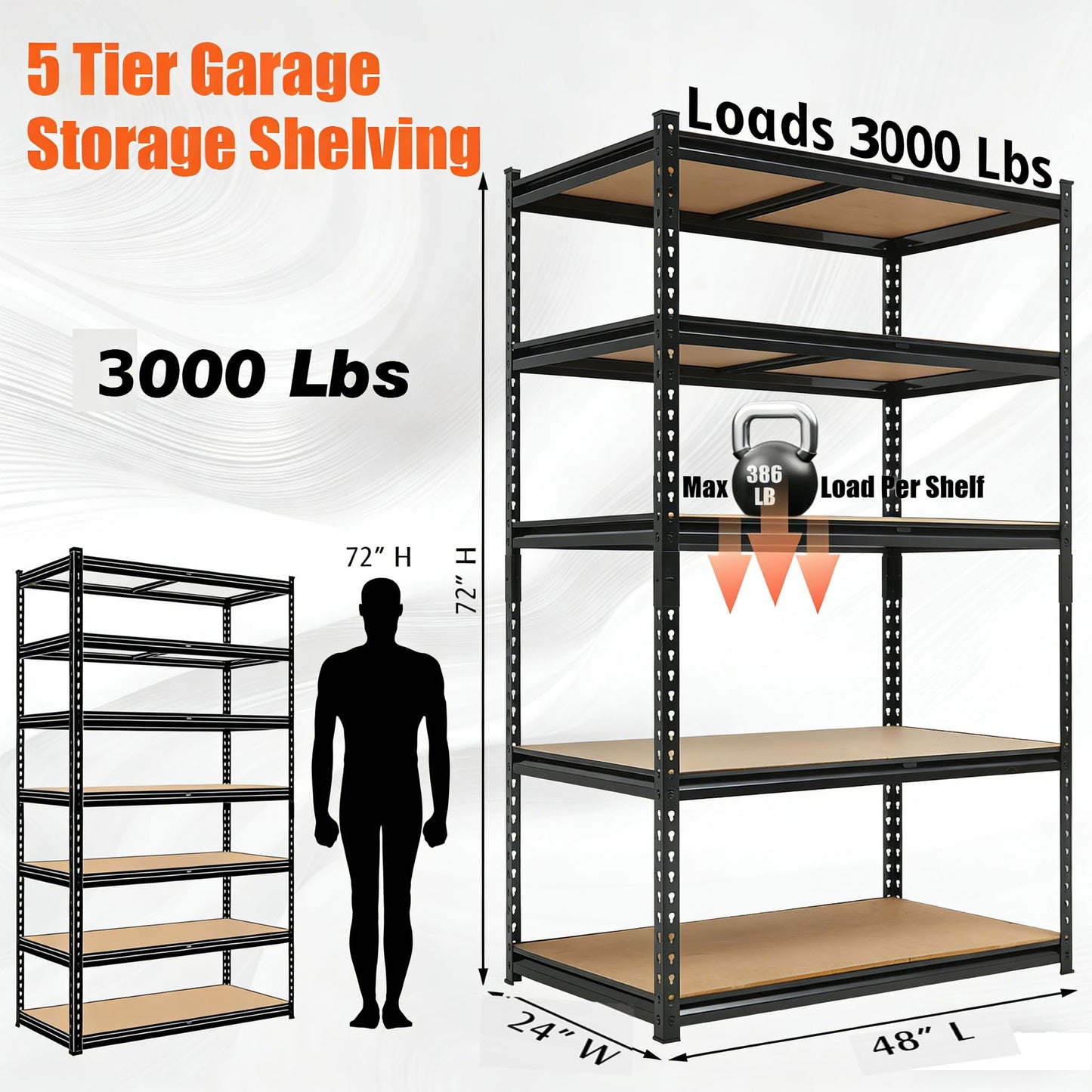 60x24x72 Heavy Duty Garage Storage Shelves,5-Tier Adjustable Metal Shelving Units, 2500 LBS Load Capacity Industrial Utility Storage Racks for Warehouse Pantry Shed Basement Garage Organization