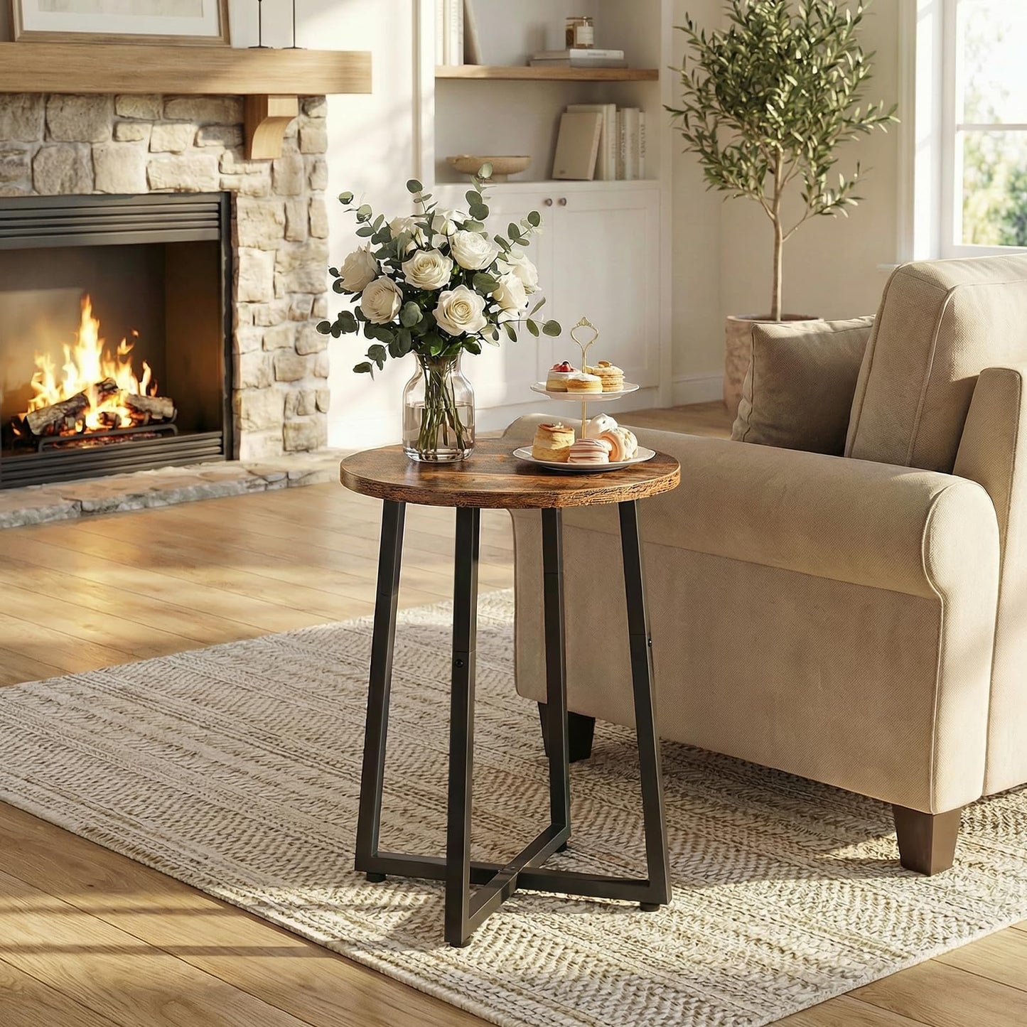 HOOBRO Side Tables Set of 2, Round End Accent Tables with Sturdy Metal Pedestal, 15.7" Round Nightstands, for Living Room, Bedroom, Balcony, Office, Rustic Brown BF95BZP201