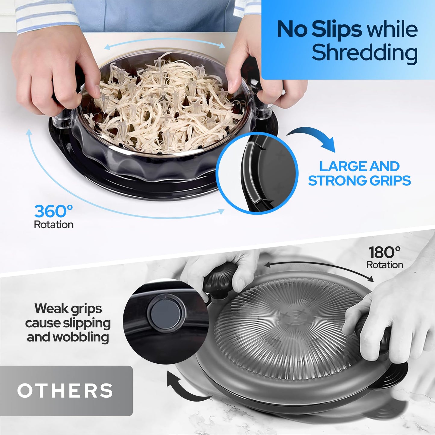 VERSALINES 3 Layer Pro Chicken Shredder with Removable Tray, Meat Claws, Brush - 10'' Chicken Breast Shredder Tool Twist, Meat Grinder Machine, Meat Shredder, Anti-Slip - For Chicken Beef Pork Veg