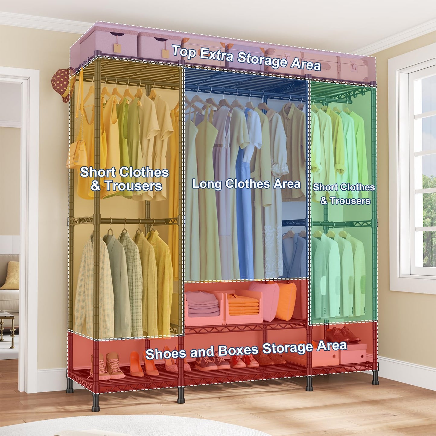 Ulif E3 Heavy Duty Garment Rack, 4 Tiers Freestanding Closet Organizer System with 5 Shelves, Metal Closet Organizer and Storage System for Clothes, Max Load 850lbs, 58.4"W x 15.7"D x 77.3"H, Black