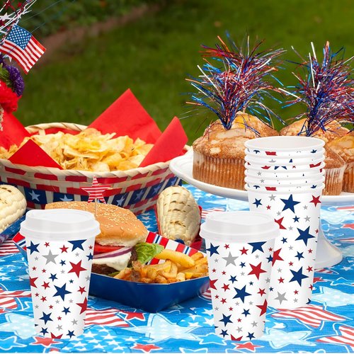FYSUIMU 50-Pack Patriotic Disposable Coffee Cups - 16oz Red & Blue Star Design for 4th of July Celebrations