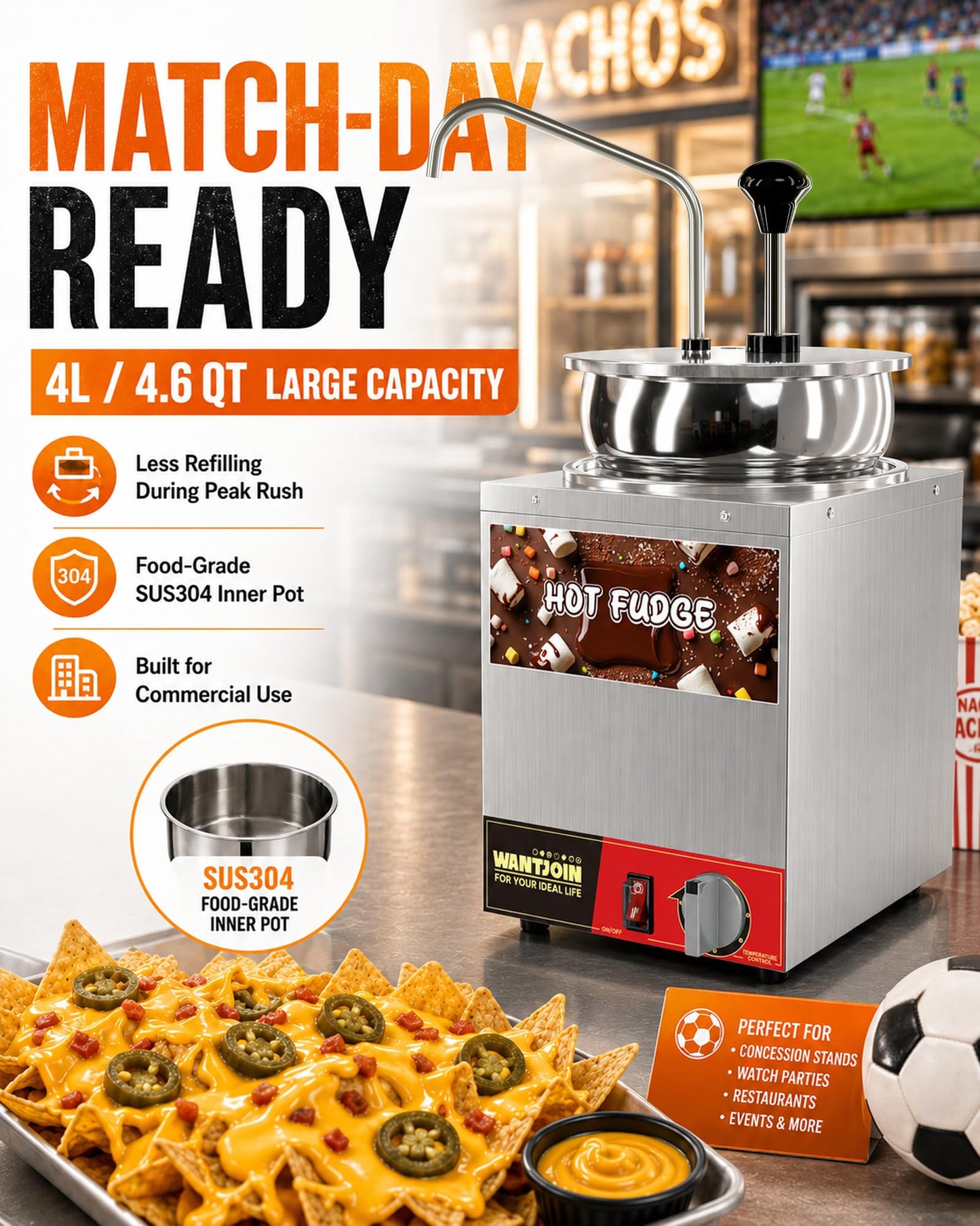 WantJoin Nacho Cheese Dispenser with Pump - 4.6QT Commercial Stainless Steel Warmer with 86-185°F Temperature Control for Hot Fudge, Caramel & Sauces
