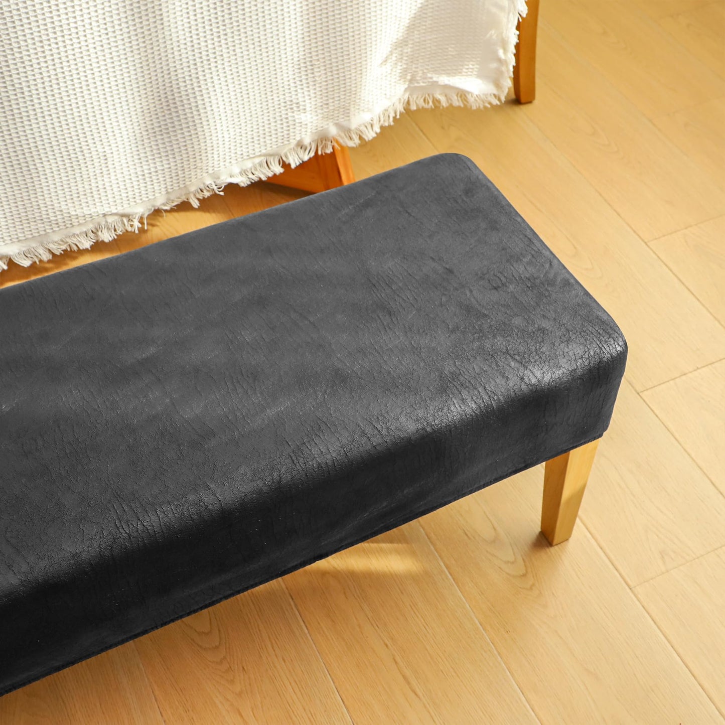 EVOLLER Leather Look Bench Cover 60 inch Long for Dining Room Black 5ft Stretch Bed Bench Seat Slipcover for Bedroom Rectangle Washable-Leather Look Black