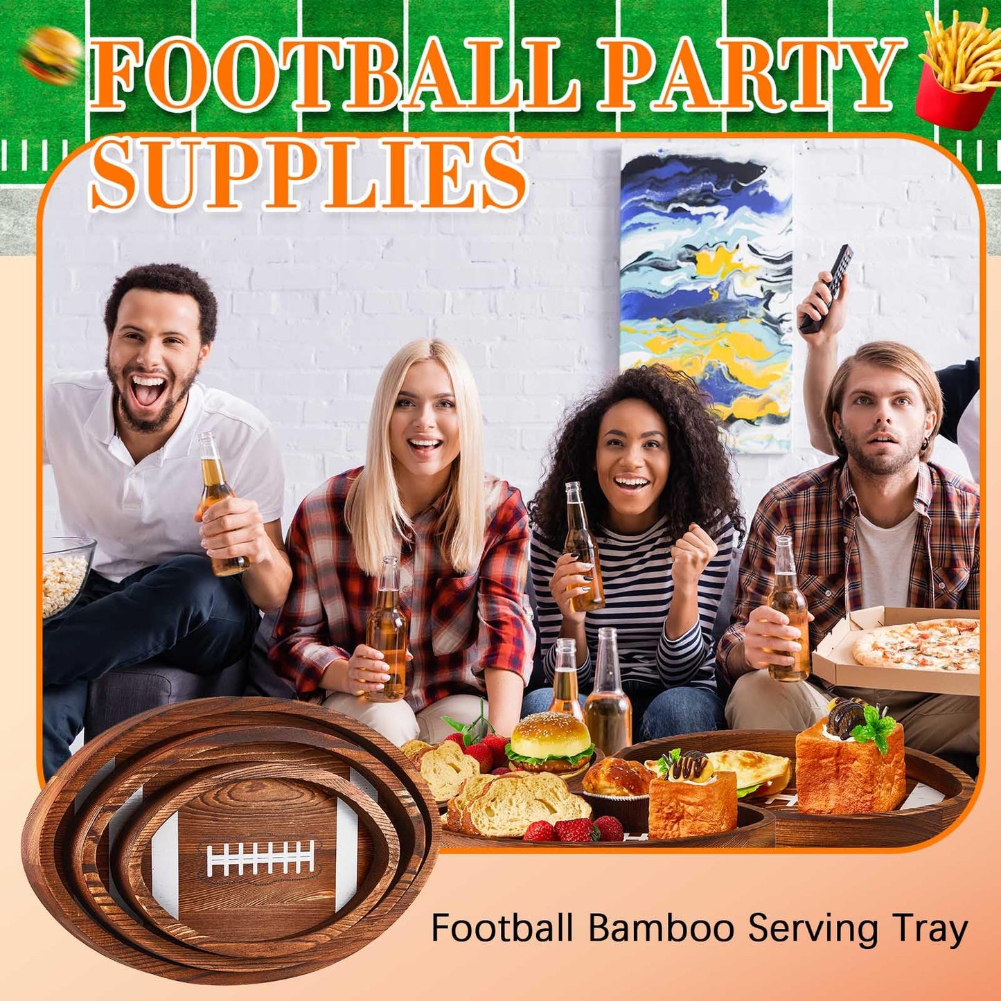 Geetery 3 Pcs Football Serving Trays and Platters Wooden Shaped Football Plates Soccer Serveware Tailgate Party Serving Platter for Game Party Decorations, 13'', 11'', 8.7''