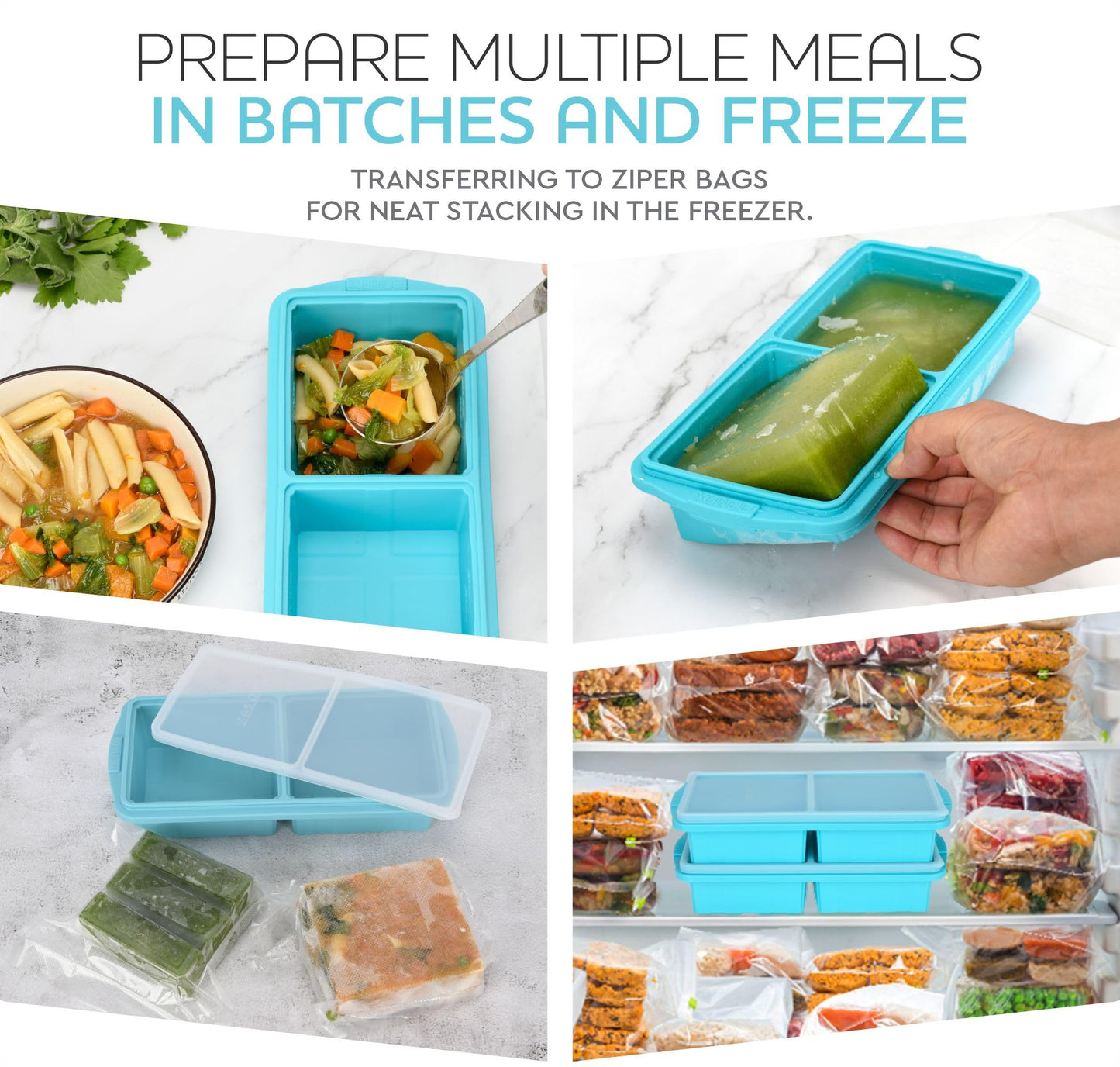 XOMOO Silicone Freezer Tray With Lid-Soup Freezer Container molds-2-cup Extra Large Ice Cube Tray-makes 4 perfect 500ml portions cubes, For freezing soup,stews,sauces.Oven&Dishwasher-Safe(2-Pack)