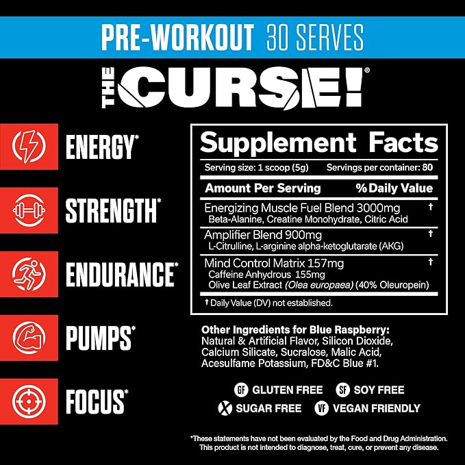 JNX SPORTS The Curse! Pre Workout Powder for Men & Women, Caffeine, Beta-Alanine, Creatine, L-Citrulline, 30 Servings, Blue Raspberry Flavor ??Boost Energy, Strength & Focus