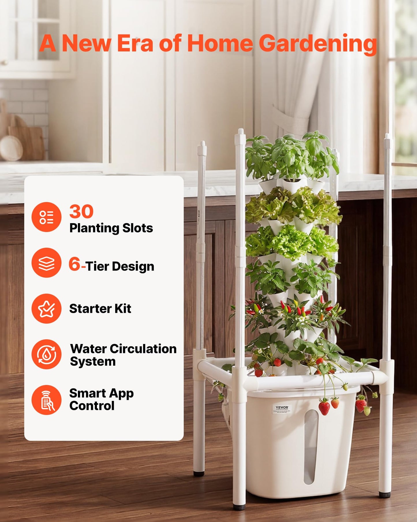VEVOR Hydroponic Tower, 30 Pods 6 Tiers Hydroponics Growing System Kit with LED Grow Light & App Control, Vertical Home Garden with 20L Water Tank & Pump, Planter for Indoor Herbs, Fruits, Vegetables