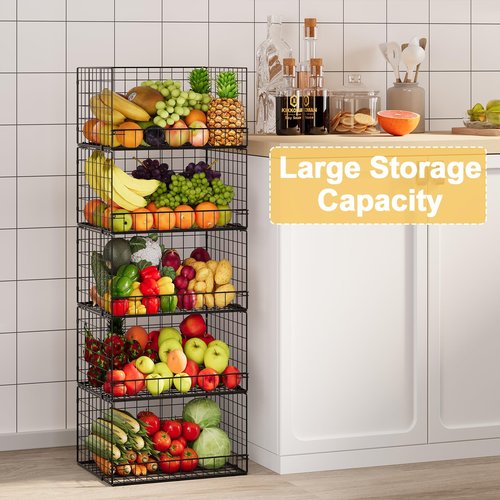 5 Pack Stackable Wire Baskets for Pantry Organizers and Storage, Large Pantry Baskets for Snack Organizer, Foldable Metal Storage Bins for Organizing Snack Can Fruit Vegetable & Toy